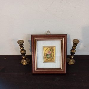 Miniature Picture Frame And Two Miniature Brass Candlesticks.