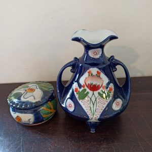 Twin Handled Ornamental Jug And A Cobalt Blue Studio Pottery Lidded Jar.