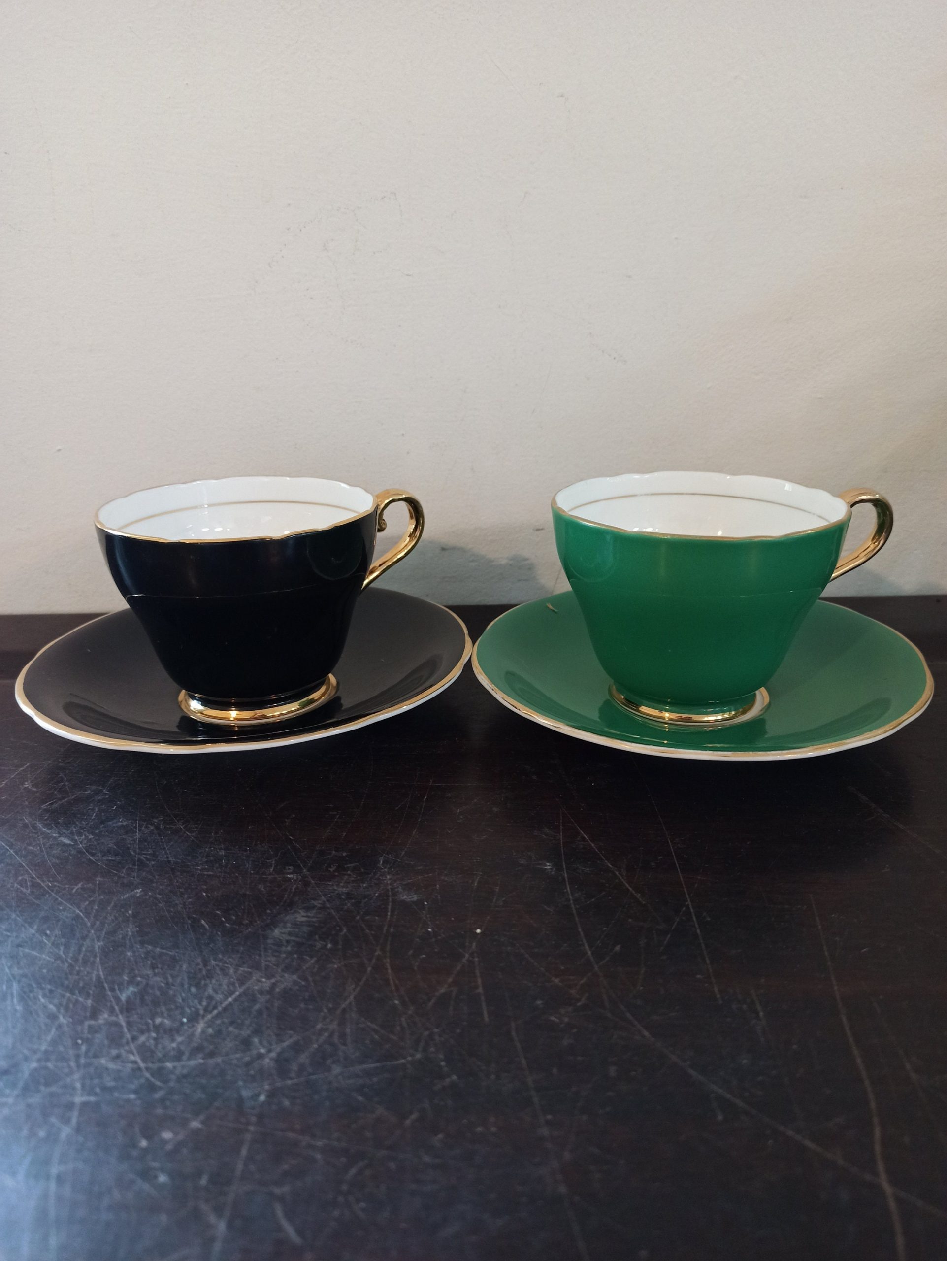 Two Edwardian Cups and Saucers, Black and Green With Gold Edge - Bone China - Image 3