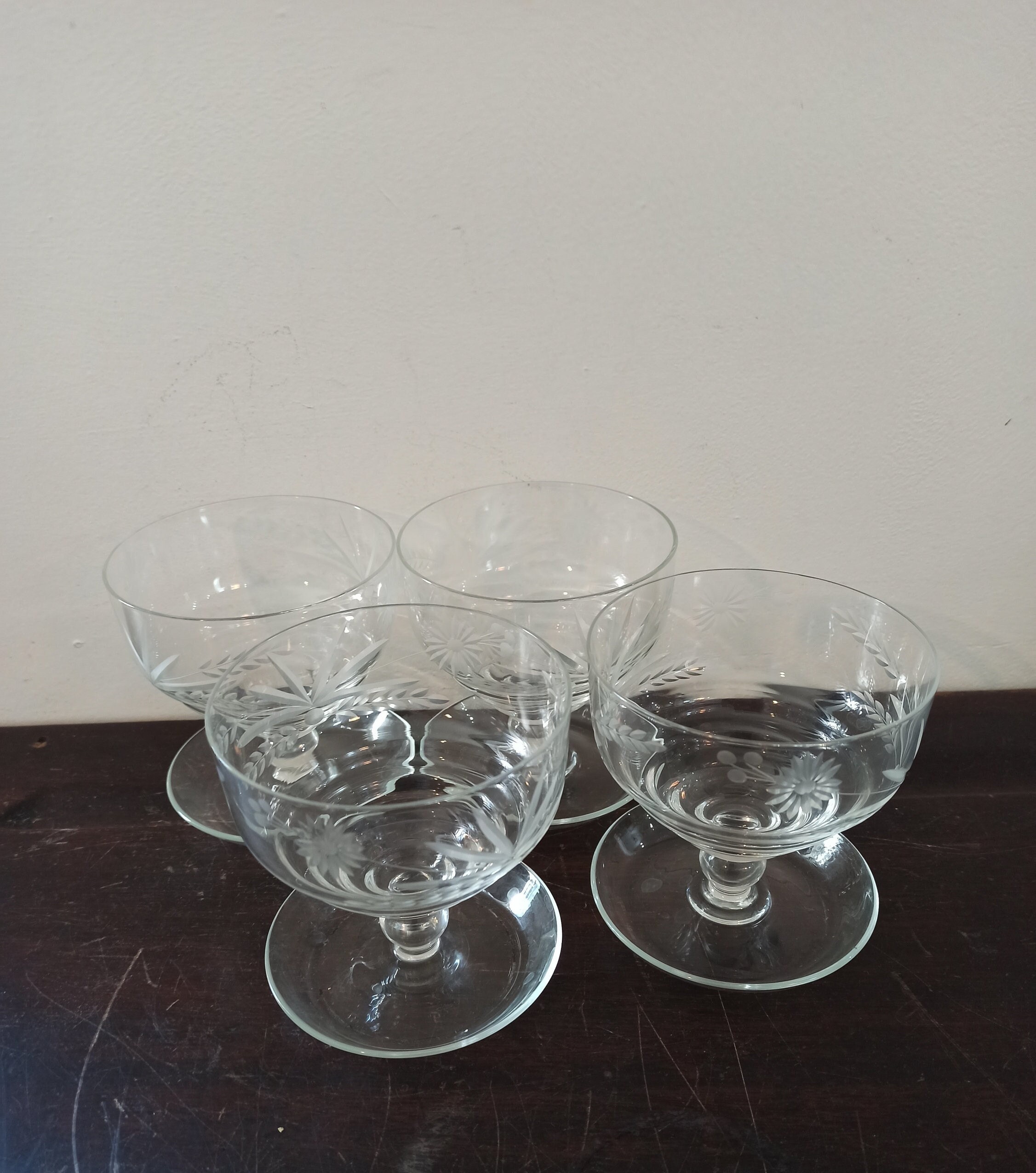 Vintage 4 Glass Dessert Dishes With Spoon Rest Trays.