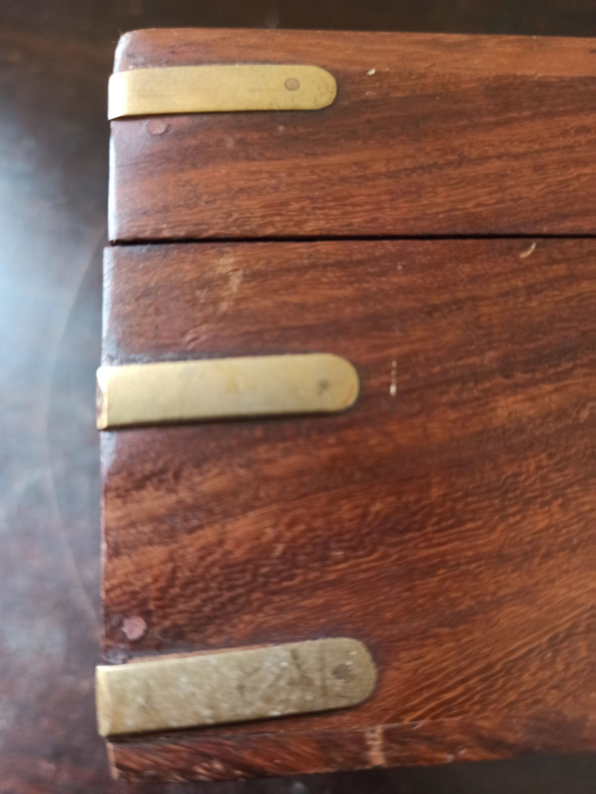 Vintage Carved Wooden Box. Brass Inlay. Internal Divisions. - Image 10
