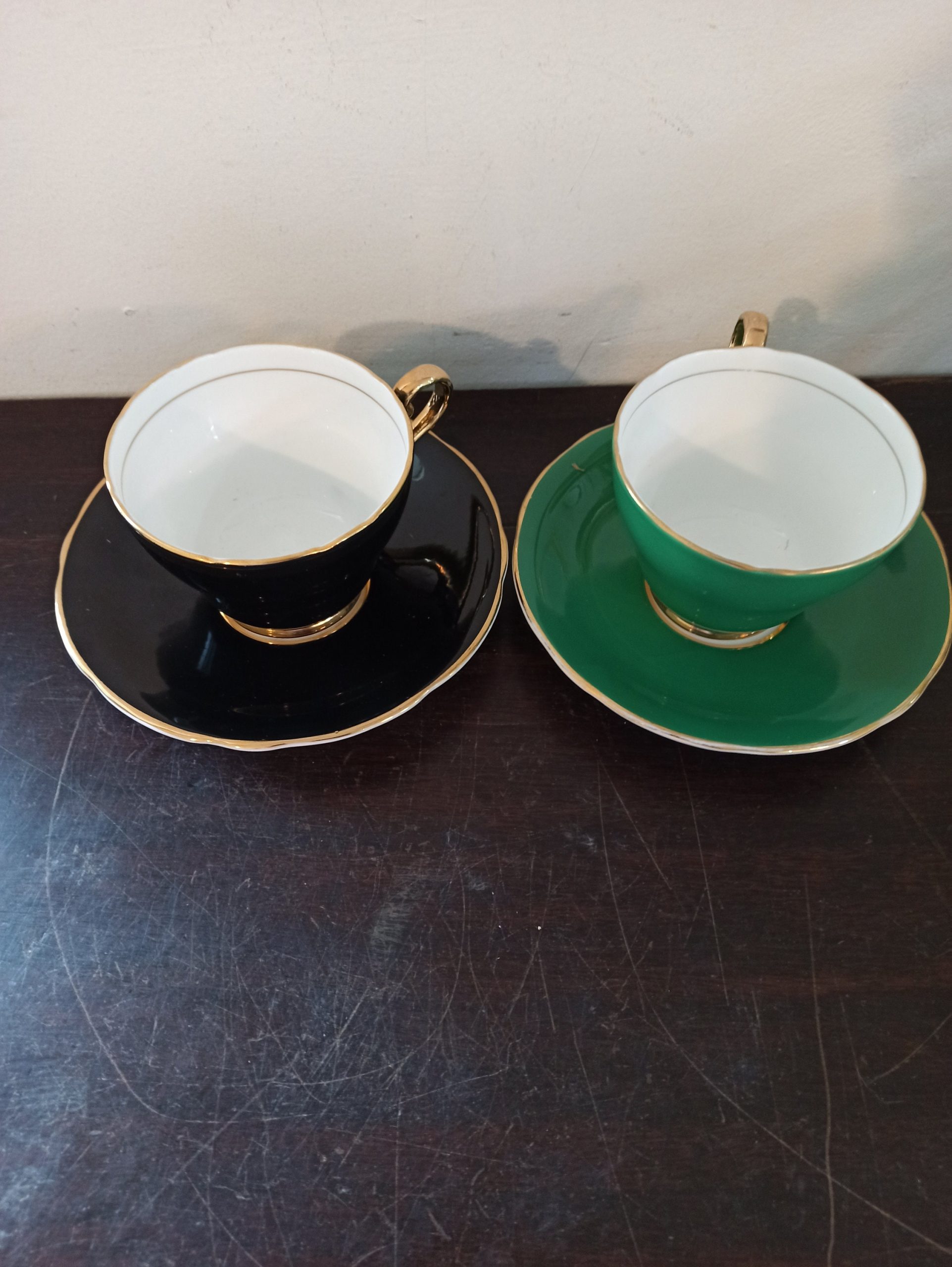 Two Edwardian Cups and Saucers, Black and Green With Gold Edge - Bone China - Image 2