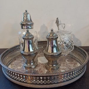 A Collection of Vintage EPNS and Glasswares. Tray, Sugar Sifter, Preserves Jar With Spoon and Salt & Pepper. Good Condition.