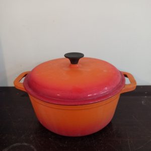 Vintage Cast Iron Enamelled Lidded Cooking Pot. Orange - Twin Handled