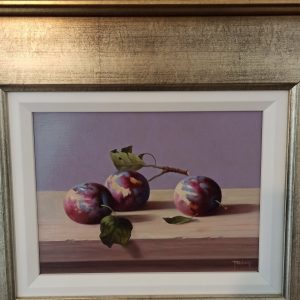 Zoltan Preiner.  "Three Plums". Original Artwork. Oil on Board. Framed.  Signed.