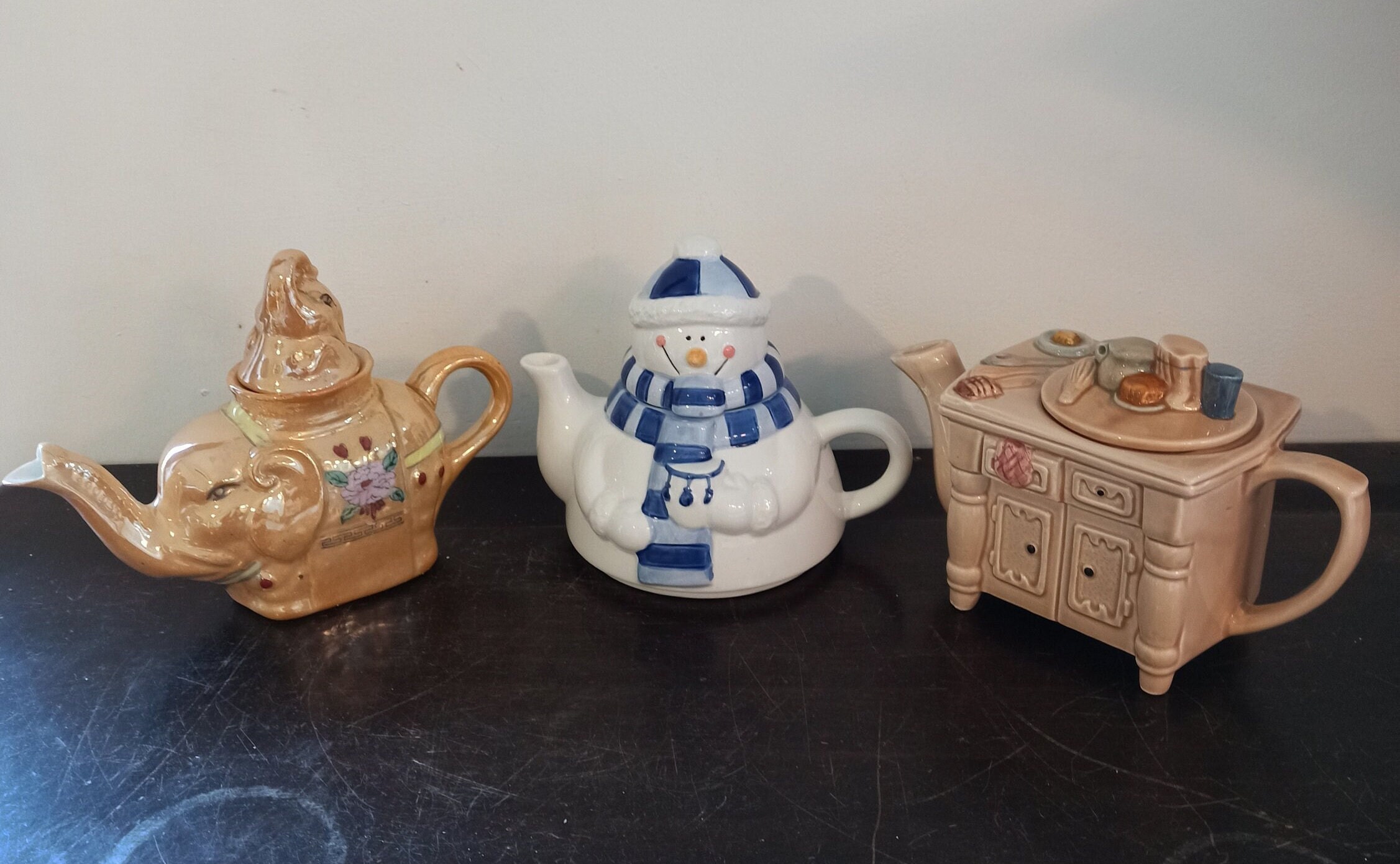 Trio of Novelty Teapots. Snowman, Arga And Elephant.