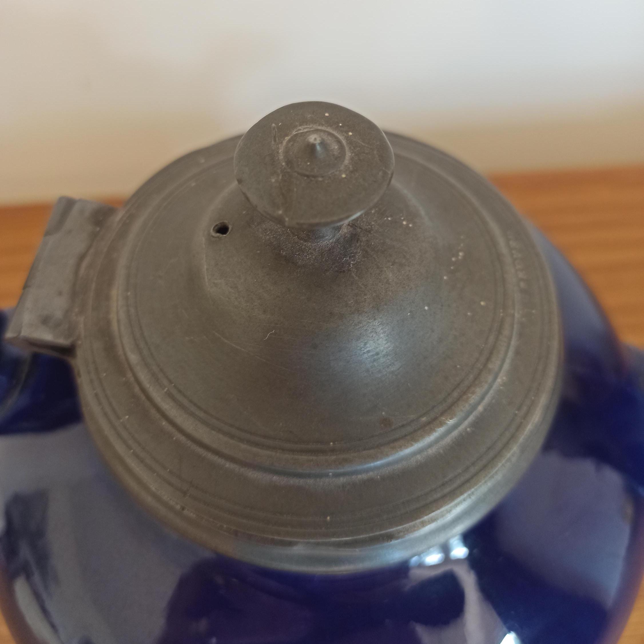 Vintage Cobalt Blue Teapot With Pewter Lid. Good Condition. - Image 4