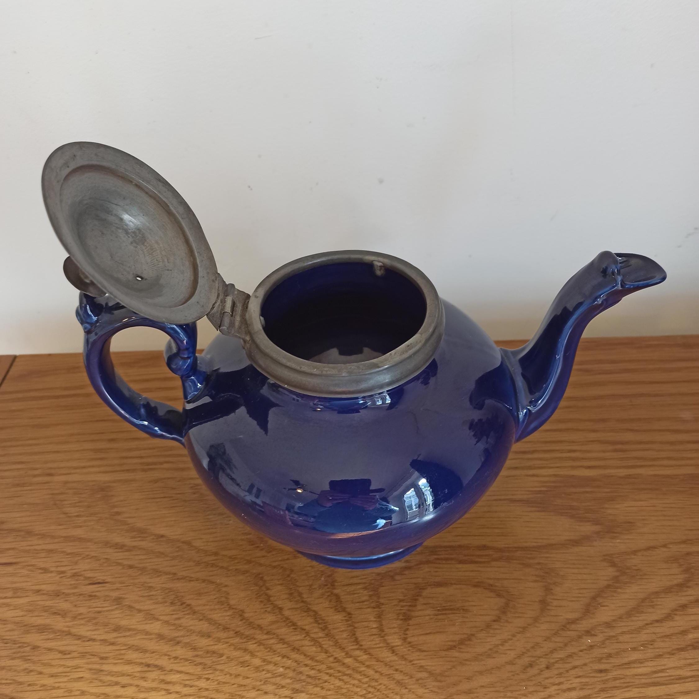 Vintage Cobalt Blue Teapot With Pewter Lid. Good Condition. - Image 9