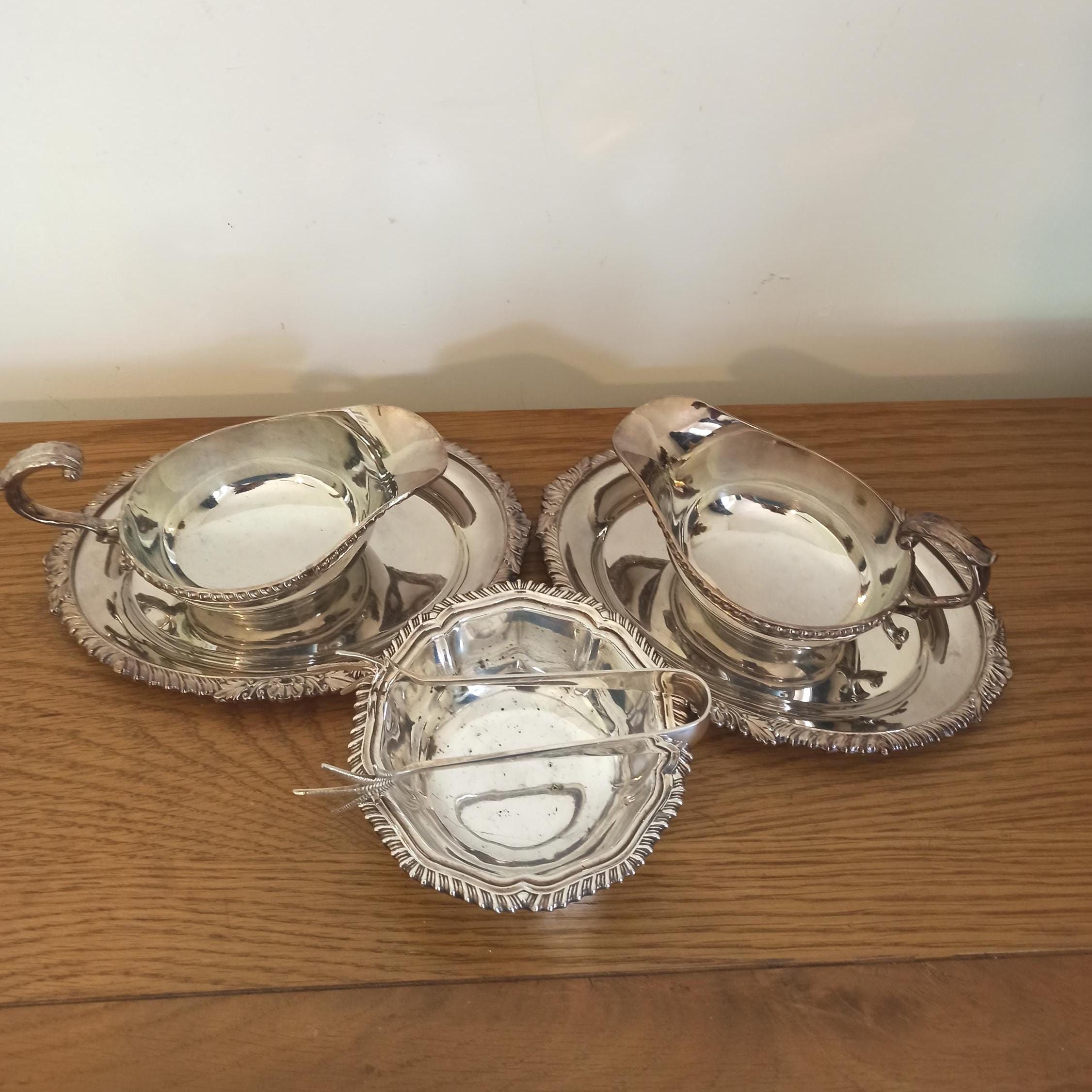Silver Plated Sauce Boats with Stands And Sugar Bowl with Tongs. - Image 2