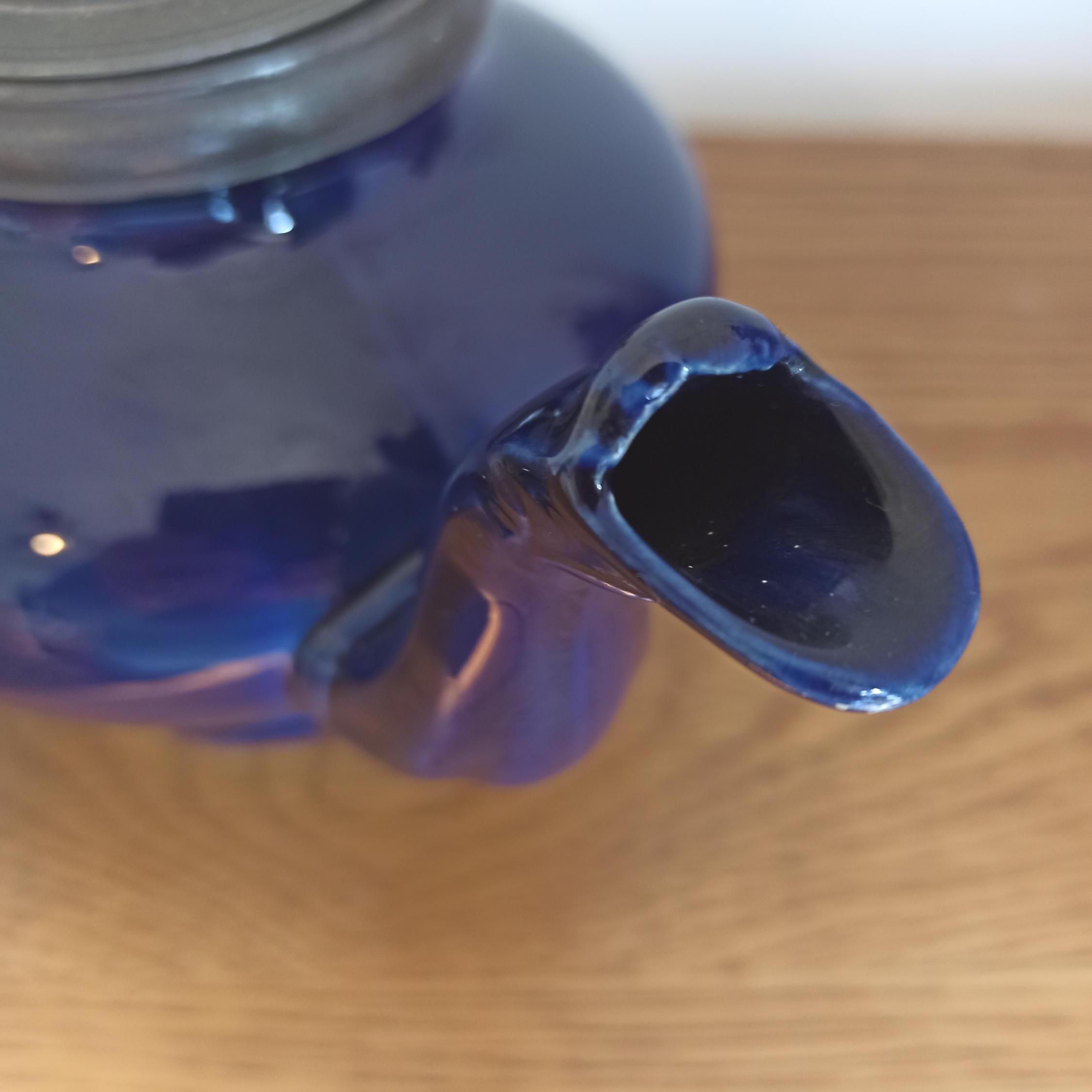 Vintage Cobalt Blue Teapot With Pewter Lid. Good Condition. - Image 6