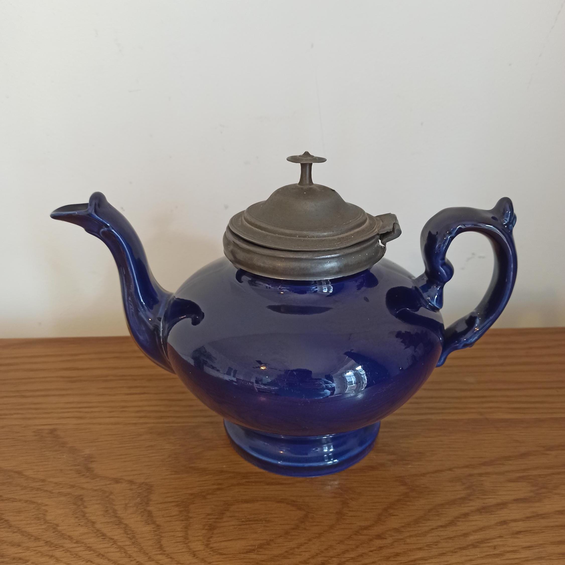 Vintage Cobalt Blue Teapot With Pewter Lid. Good Condition. - Image 10