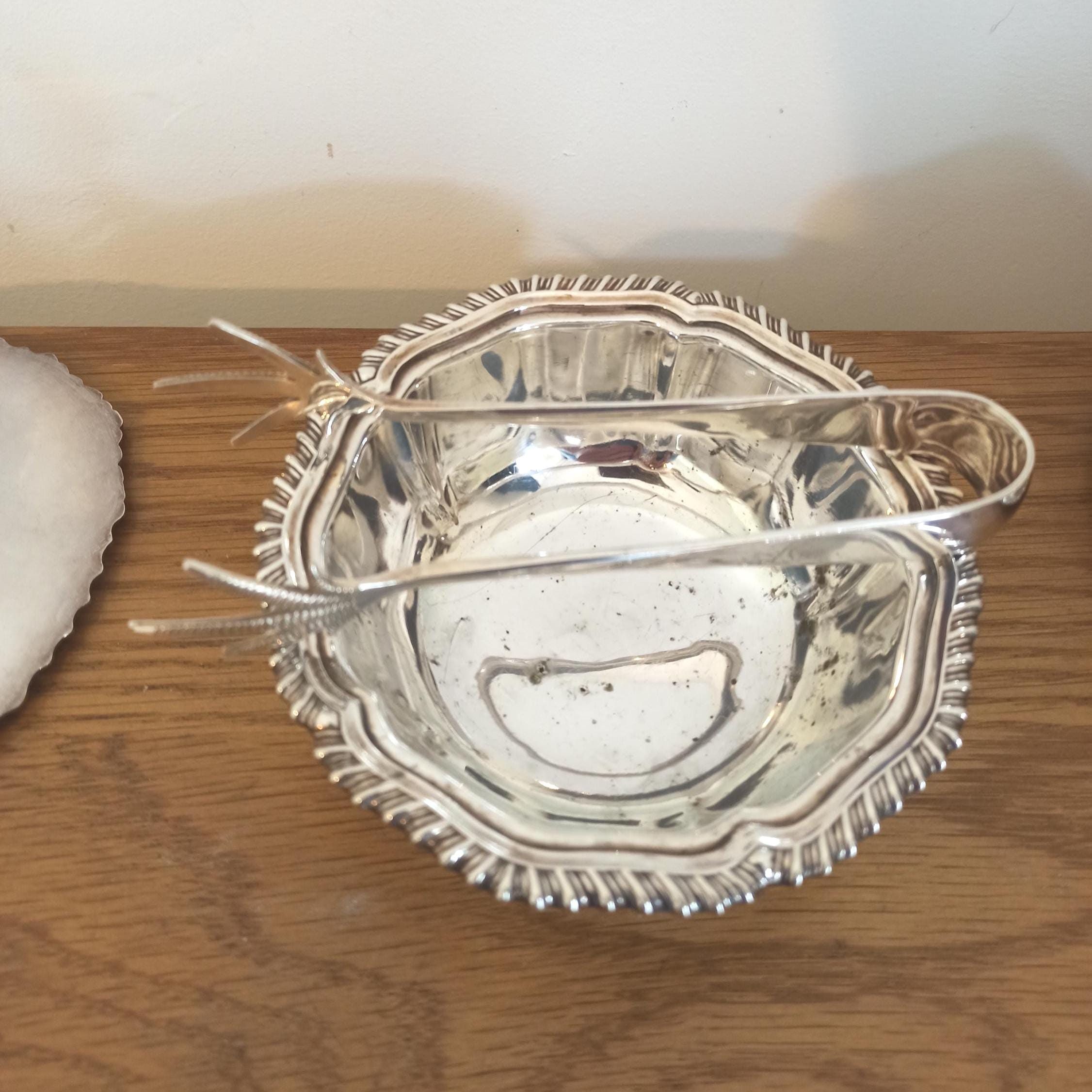 Silver Plated Sauce Boats with Stands And Sugar Bowl with Tongs. - Image 7