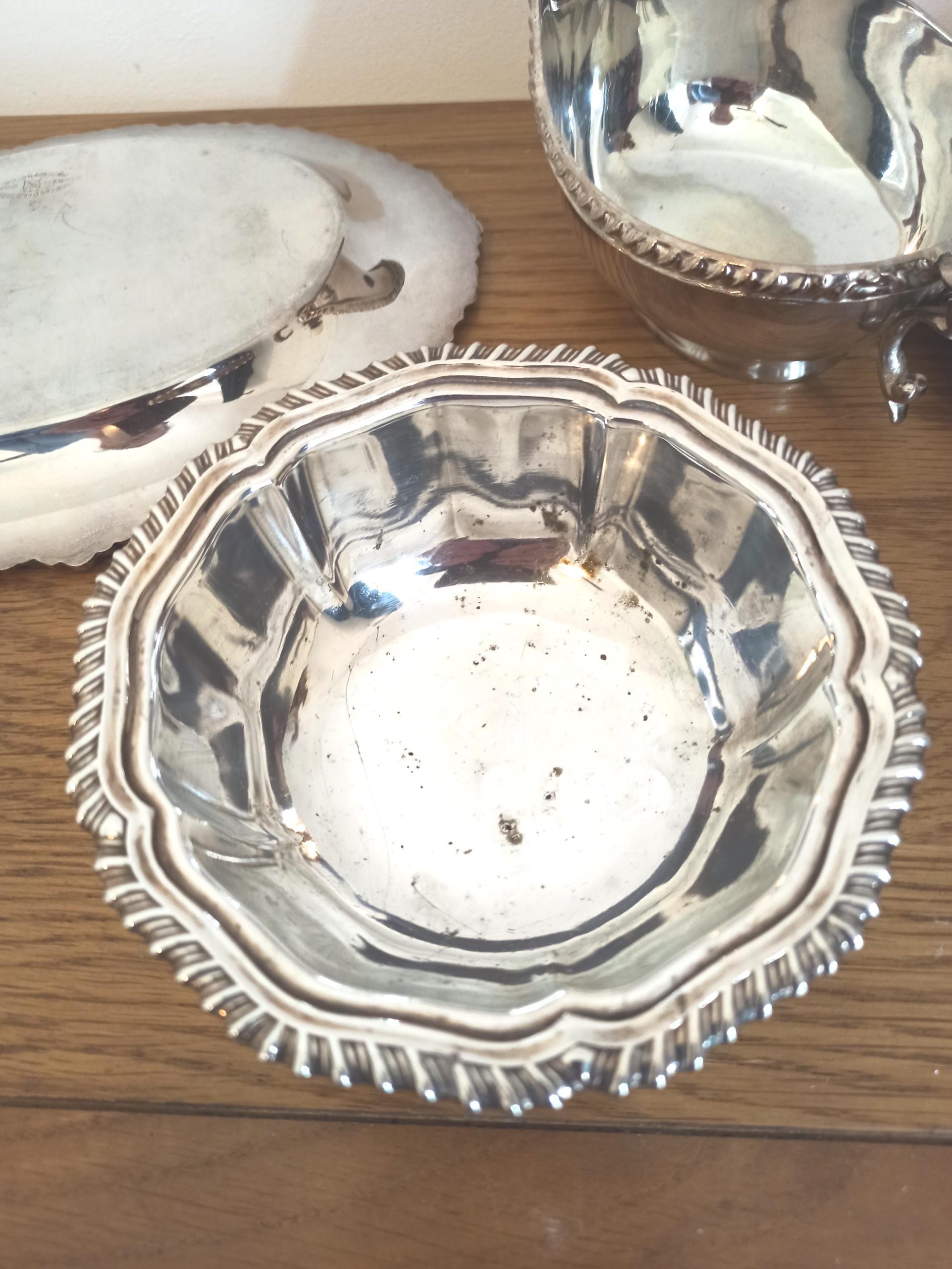 Silver Plated Sauce Boats with Stands And Sugar Bowl with Tongs. - Image 9