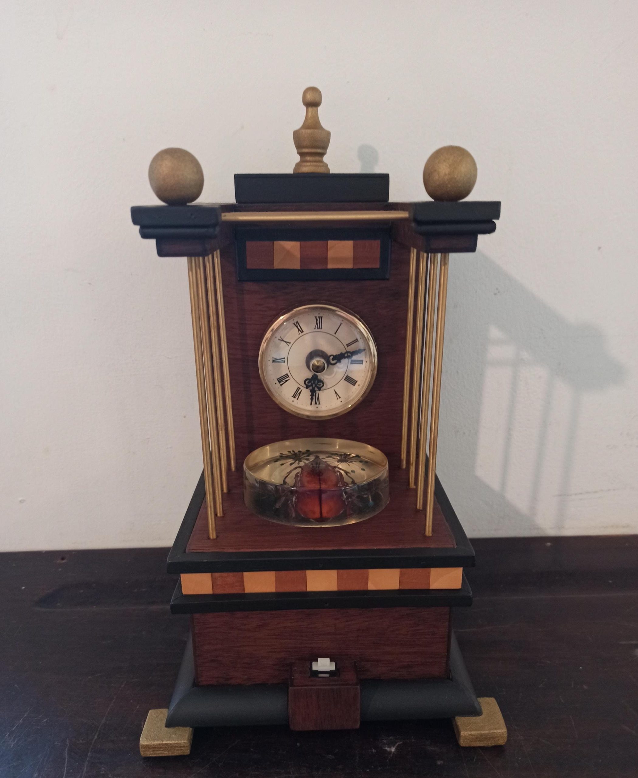 Unique Wooden Mantle Clock. Handmade. Battery Operated. Working Order. Very Good Condition.