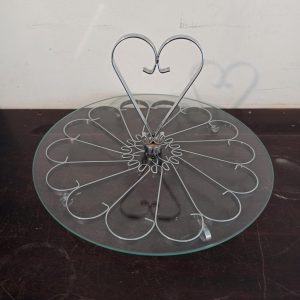 Round Glass Cake Stand With Metal Base and Handle. Vintage.