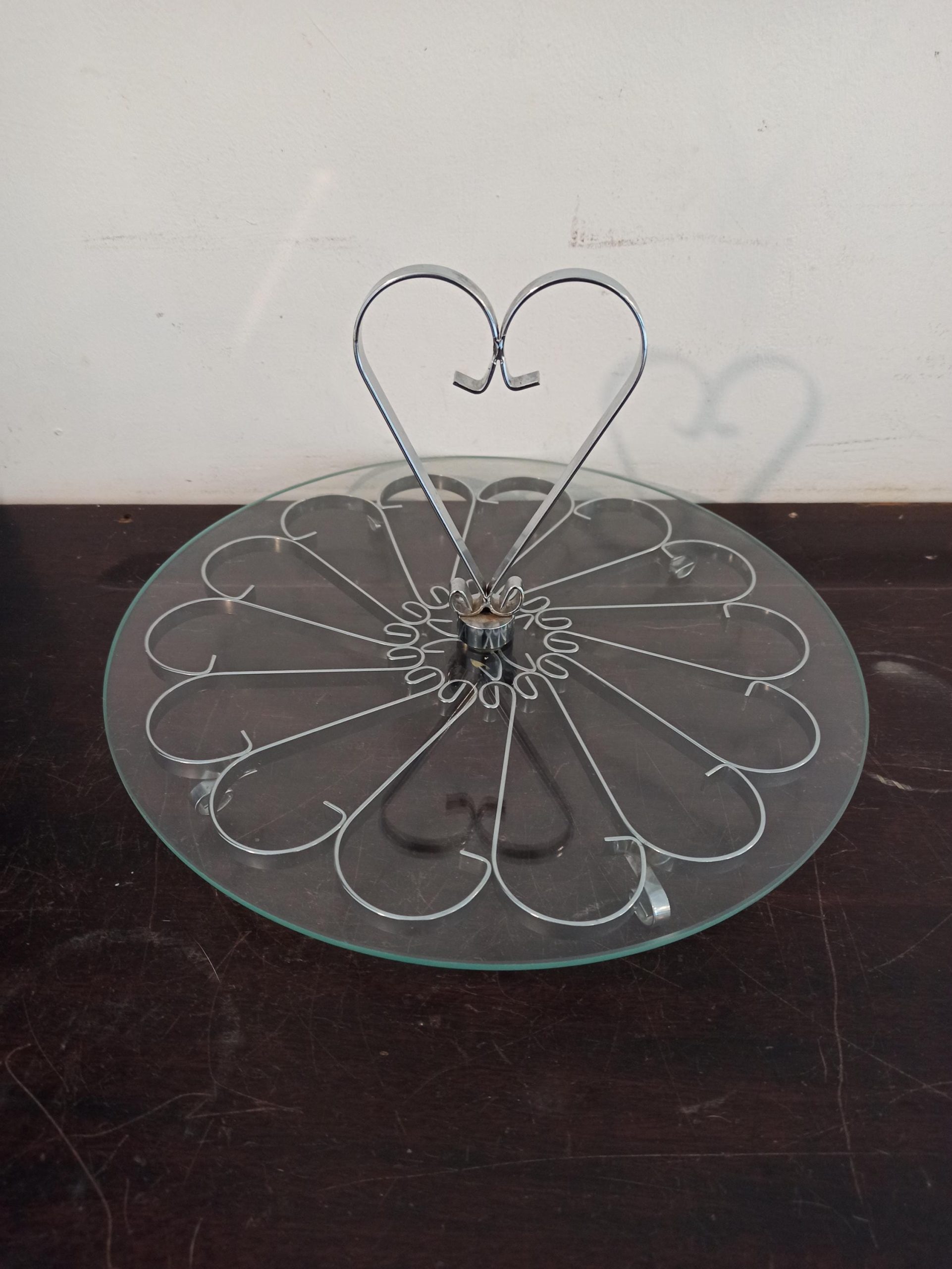Round Glass Cake Stand With Metal Base and Handle. Vintage.