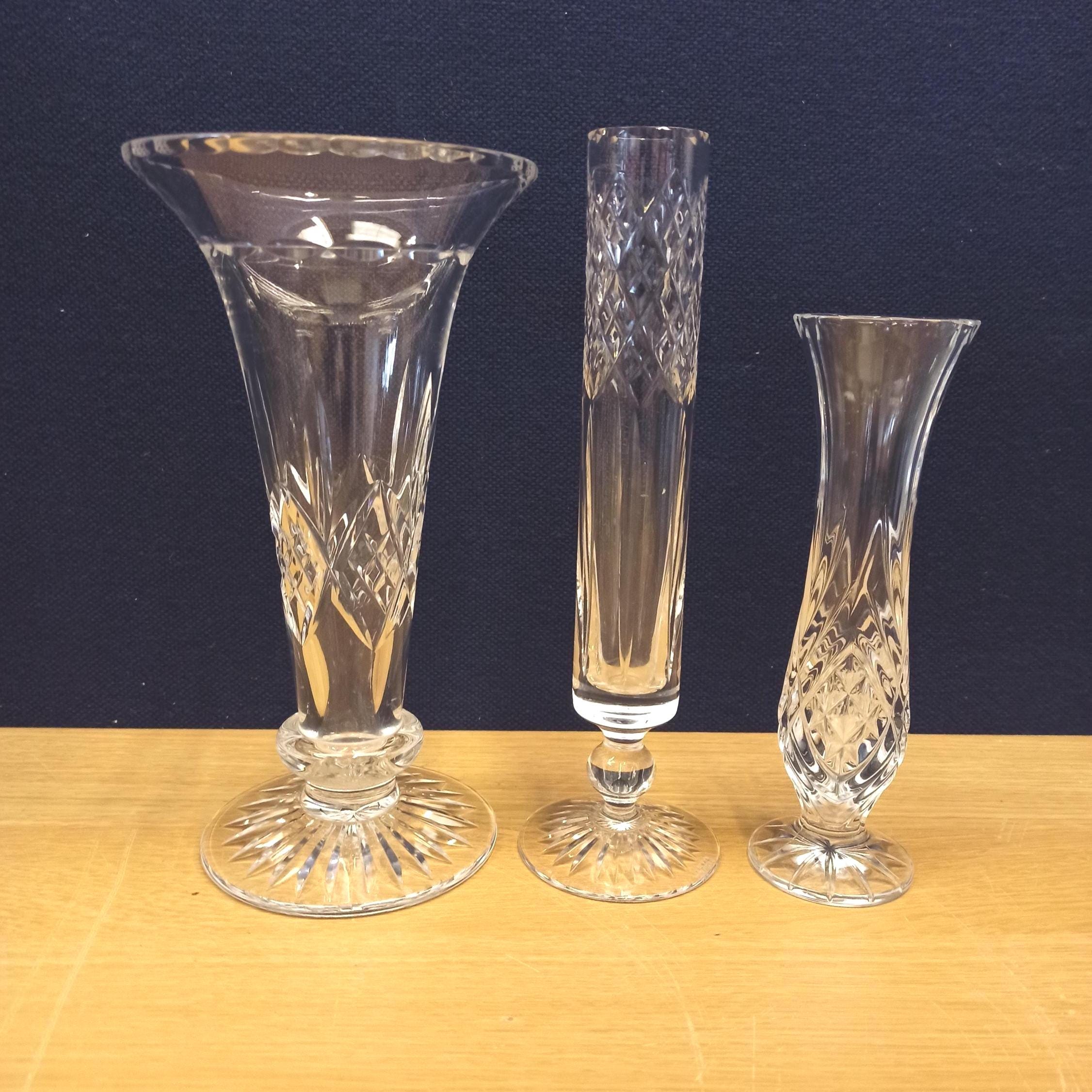 3 Glass Vases. Cut Design. Various Sizes.