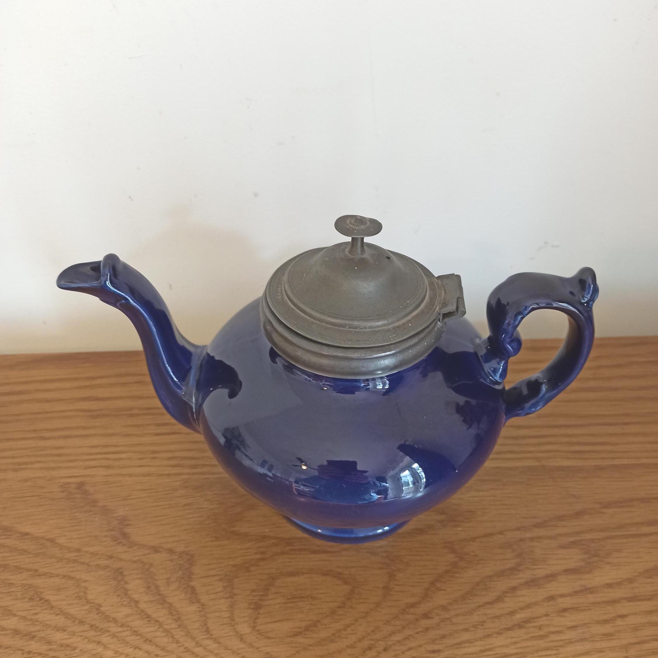 Vintage Cobalt Blue Teapot With Pewter Lid. Good Condition.