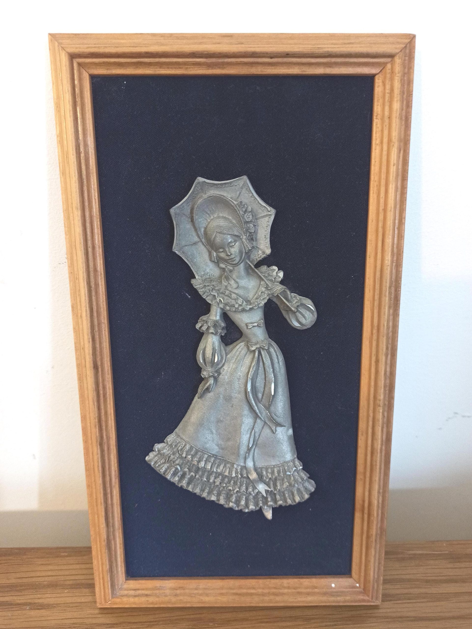 Small Vintage Wall Picture. Lady in Period Costume. Pewter. Good Condition.