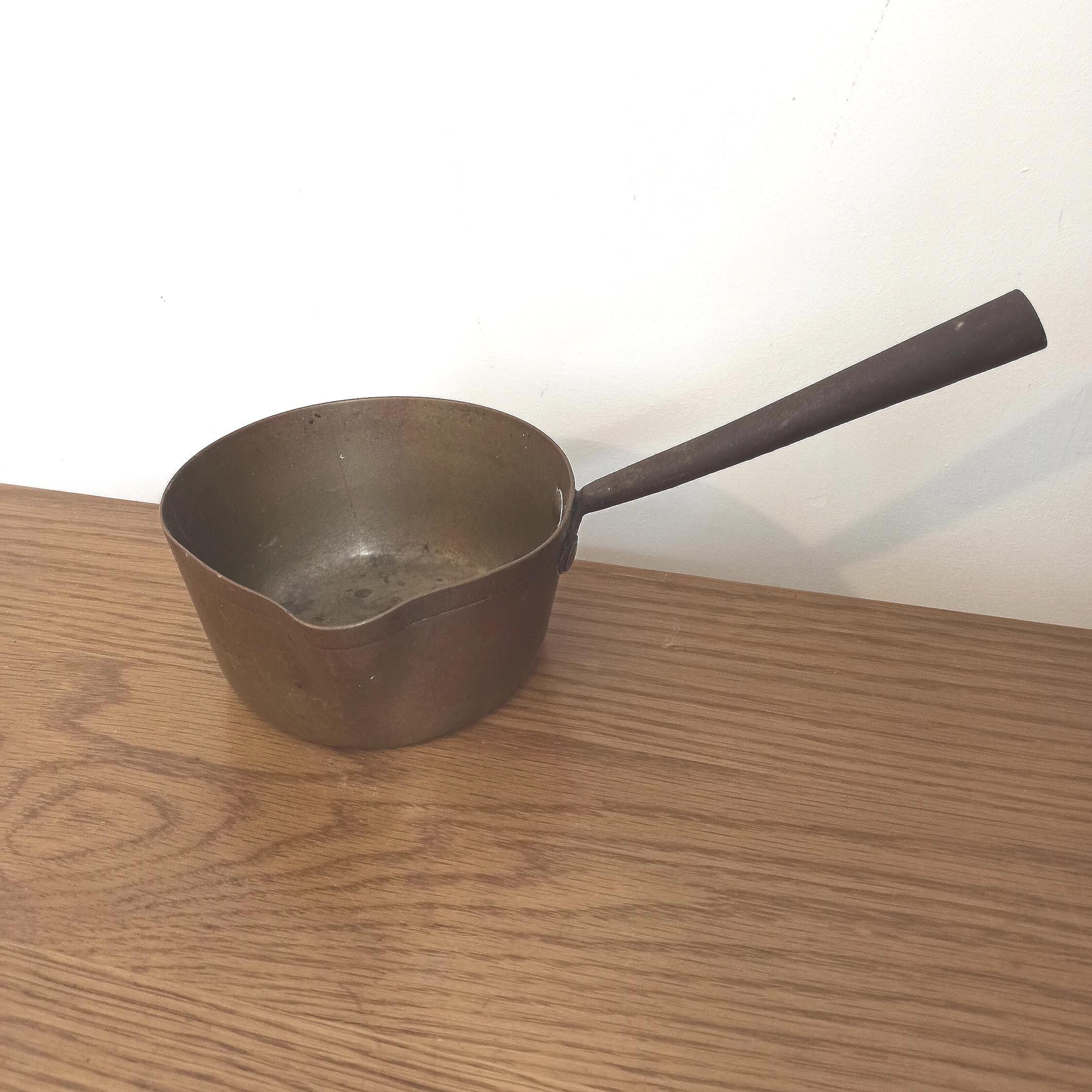 Vintage Brass Milk Pan. Iron Handle. Heavy.