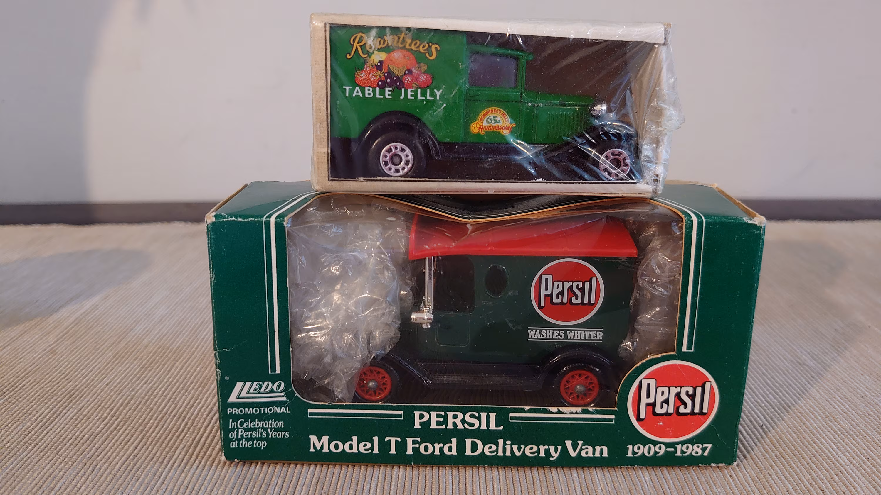 Two Model Cars from Days Gone By. Persil Van and Rowntrees truck. Still in Box