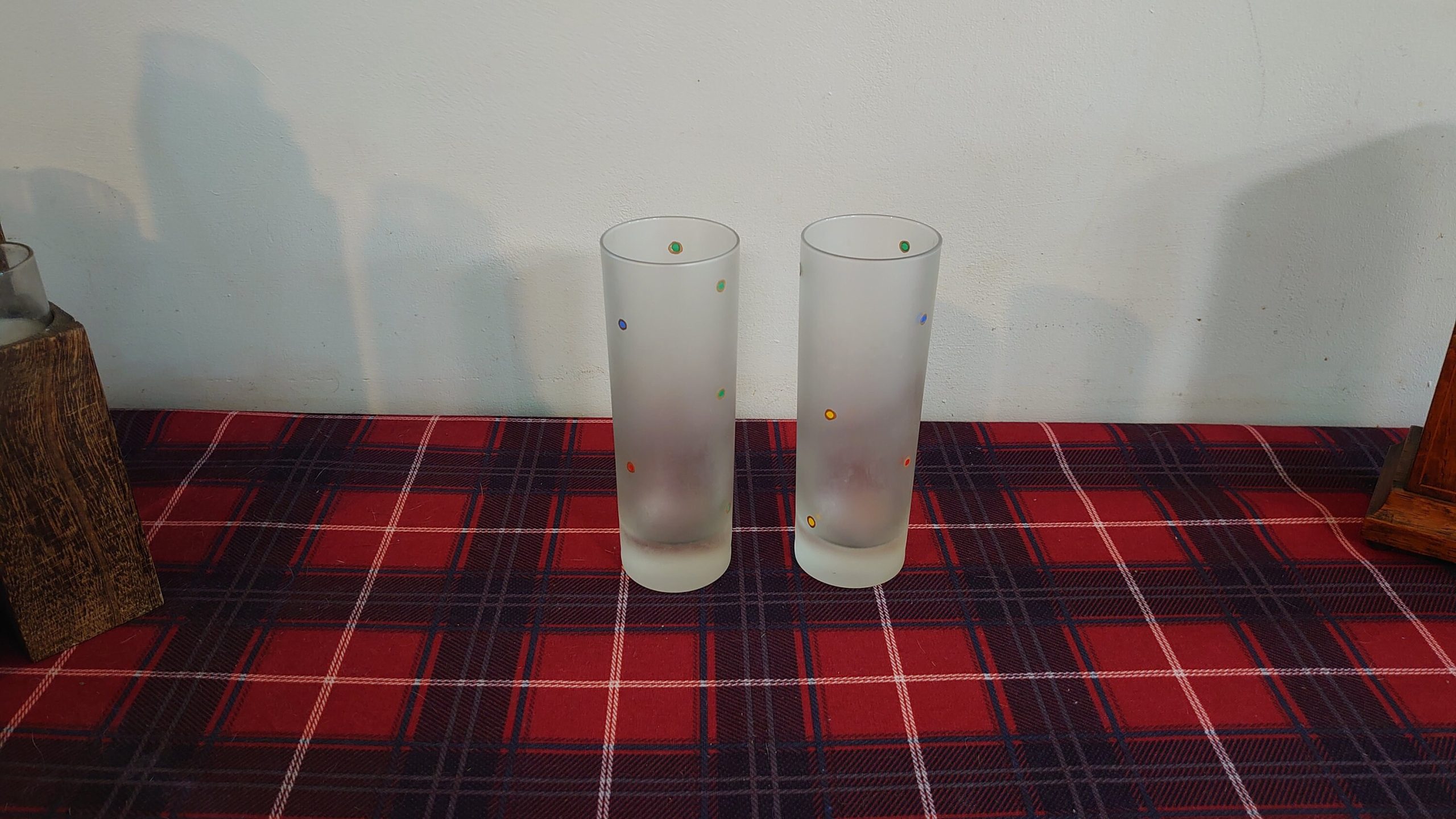 Two Tall Frosted Retro Dotty Lemonade or Hiball Glasses - Very Good Condition