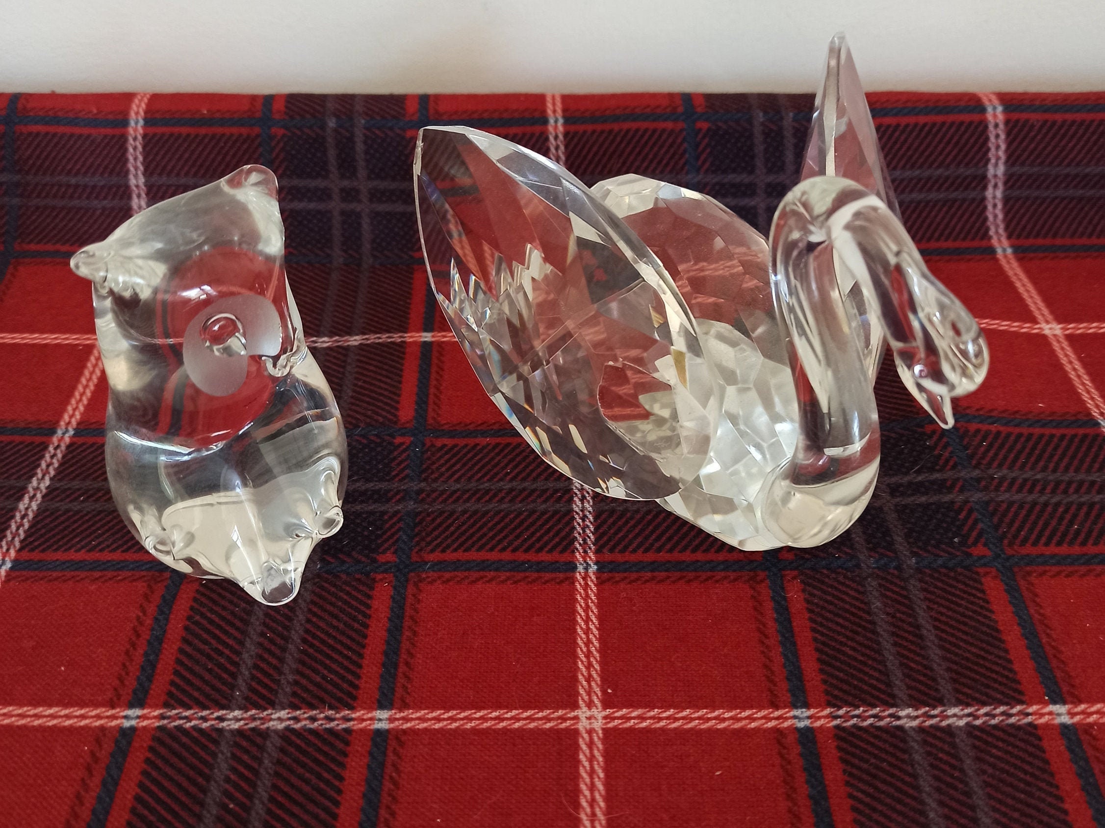 Glass Swan And Glass Owl Ornaments. Very Good Condition.