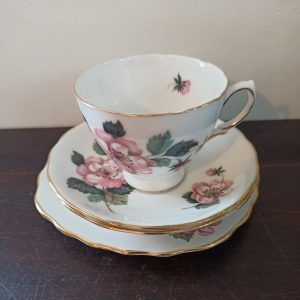 Vintage Crown Royal Bone China Trio - Cup, Saucer, Side Plate. Floral Design. Excellent Condition.
