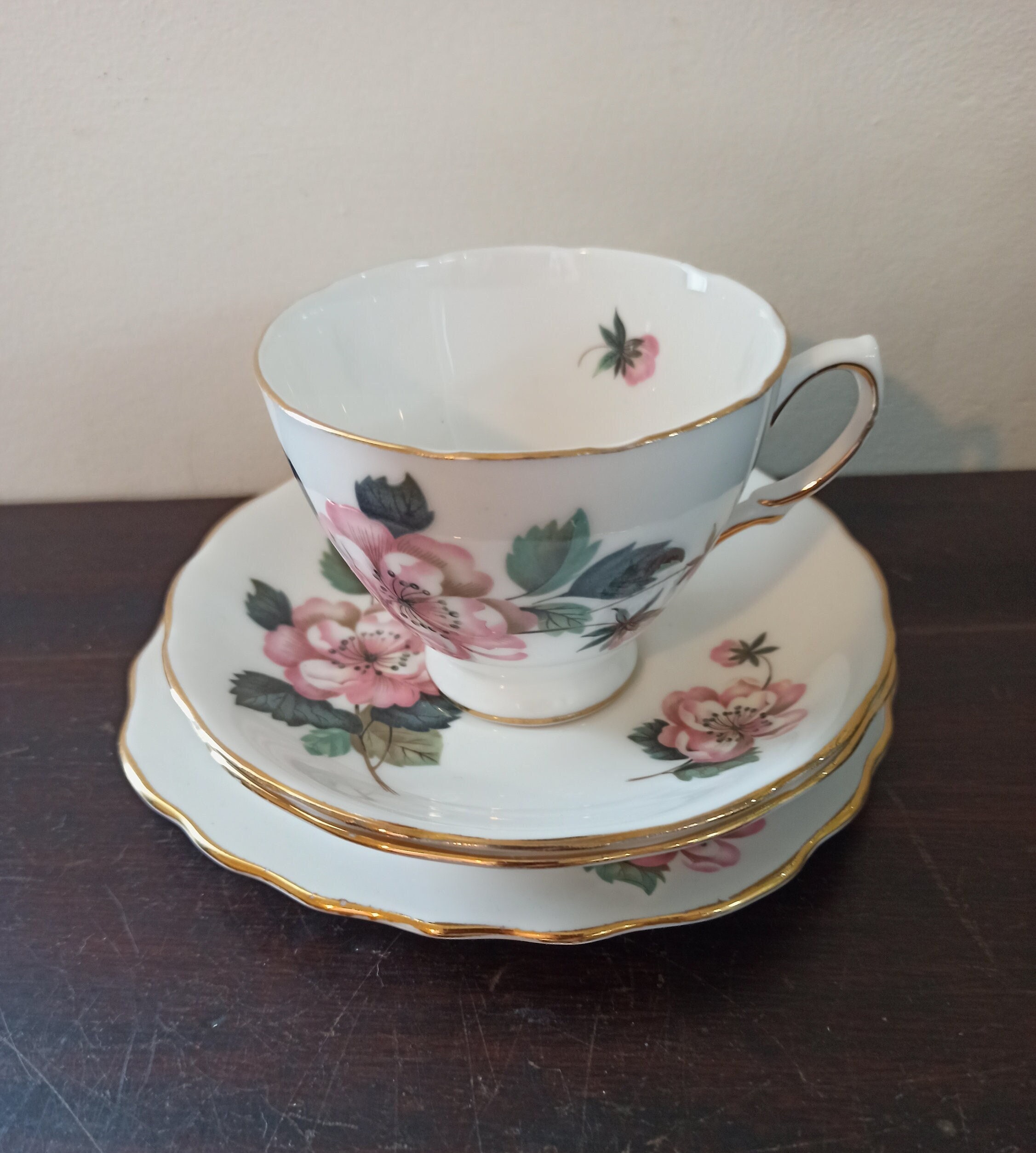 Vintage Crown Royal Bone China Trio - Cup, Saucer, Side Plate. Floral Design. Excellent Condition.