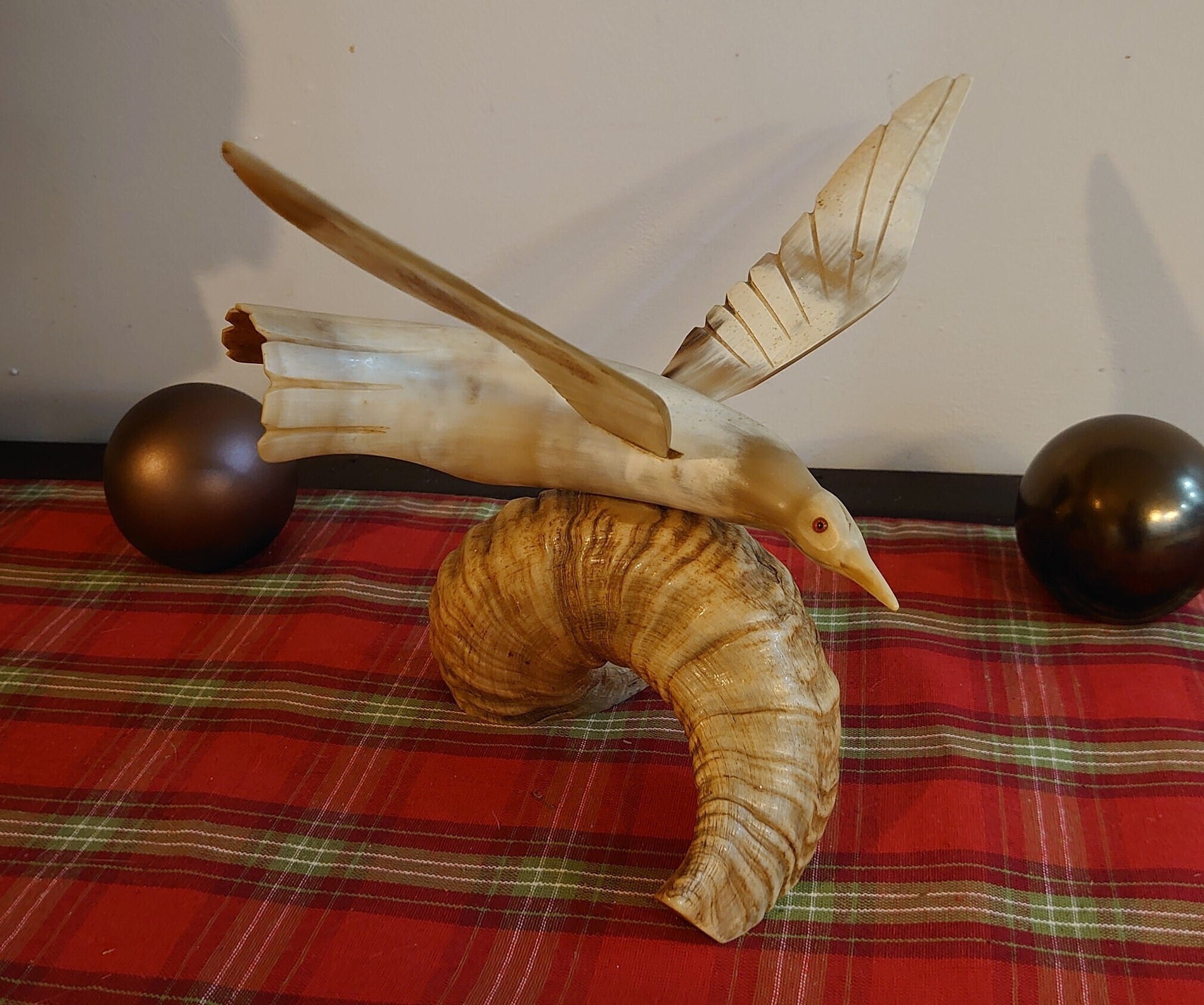 Unique Seagull in Flight Sculpture Carved from Animal Horn - eyecatching gift! - 37cm wide