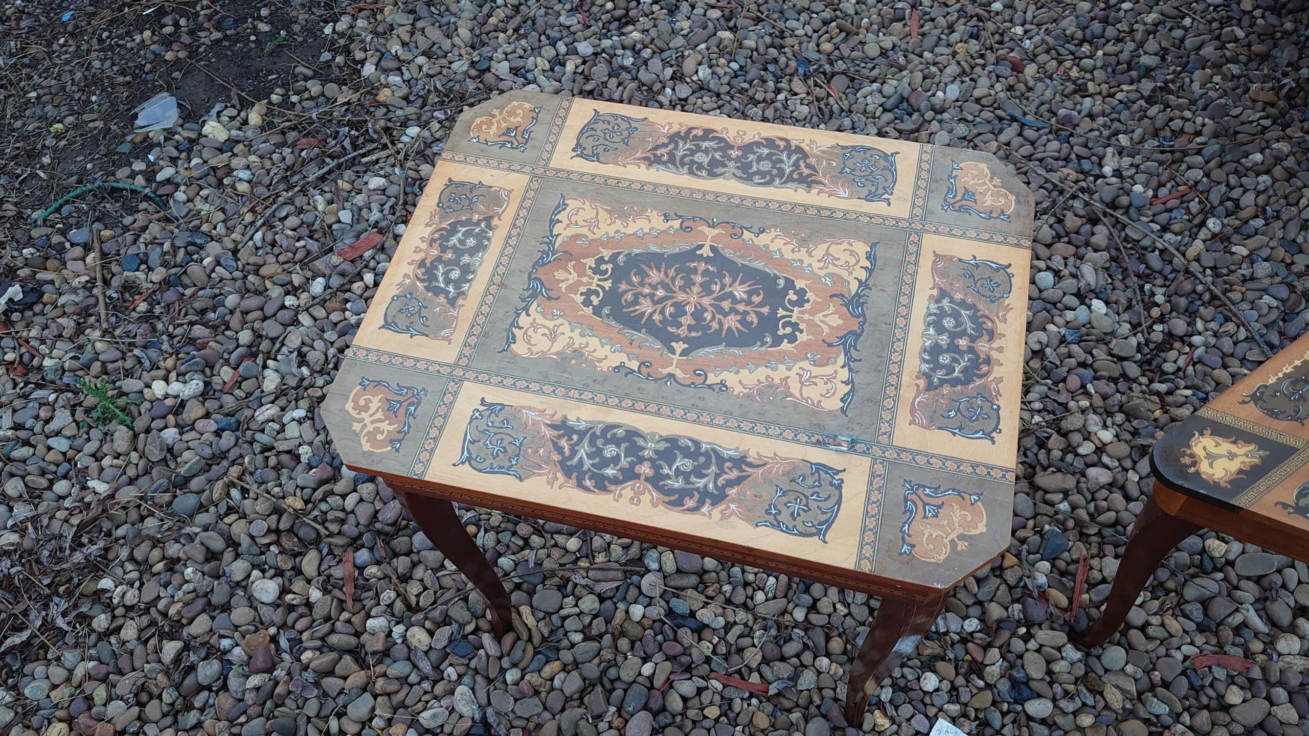 Vintage Sorrento Style Music Box Tables - Good and Very Good Conditions - Likely 1980s Construction - One Rectangular - One Triangular