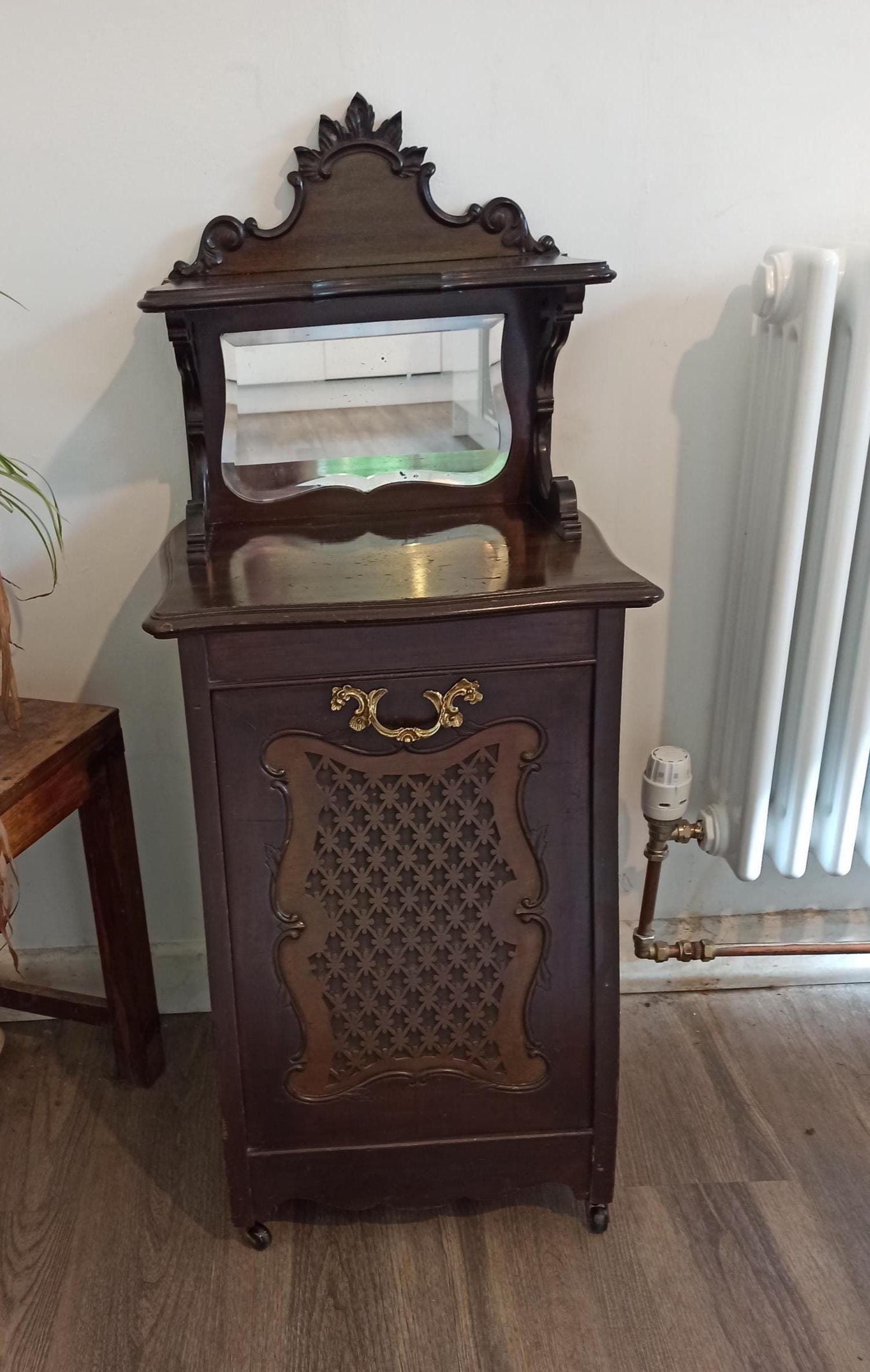 Vintage Coal Box or Compactum. Pull Down Storage, With Small Mirror.
