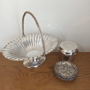 Various Dining Wares. Vintage, Fruit Basket, Wine Coasters, Lidded Container (Parkin Silversmiths).