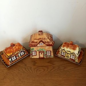 Vintage Butter Dishes and Cookie Jar/ Biscuit Jar. Ye Olde Cottage Style.