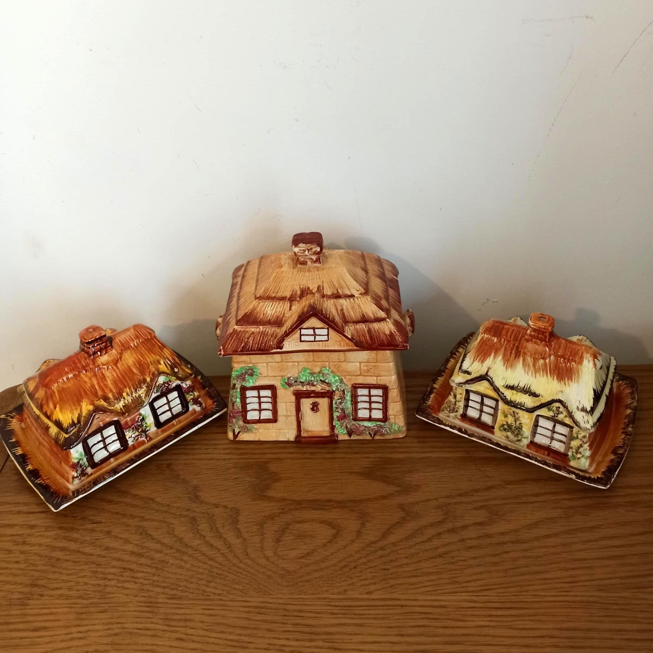 Vintage Butter Dishes and Cookie Jar/ Biscuit Jar. Ye Olde Cottage Style.