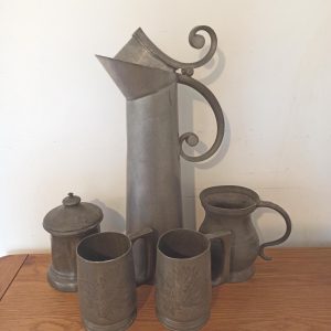 Antique and Collectable Pewter Wares. Pitcher, Cups, Lidded Jar, Jug.