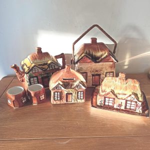 Vintage Cottage Ware Teapot, Biscuit Barrel, Butter Dish, Money Box and Egg Cups. Collection.