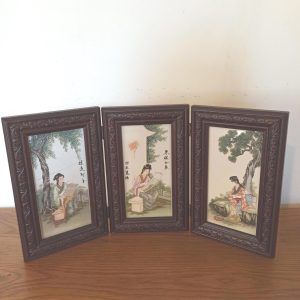 Japanese Triptych Ceramic Tile Picture in Wooden Frame. 1998