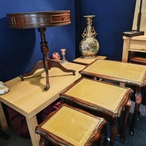 Vintage Mahogany 2-Drawer Drum Table and Interlocking Nest of Three Tables with Leather Inserts and Glass Tops