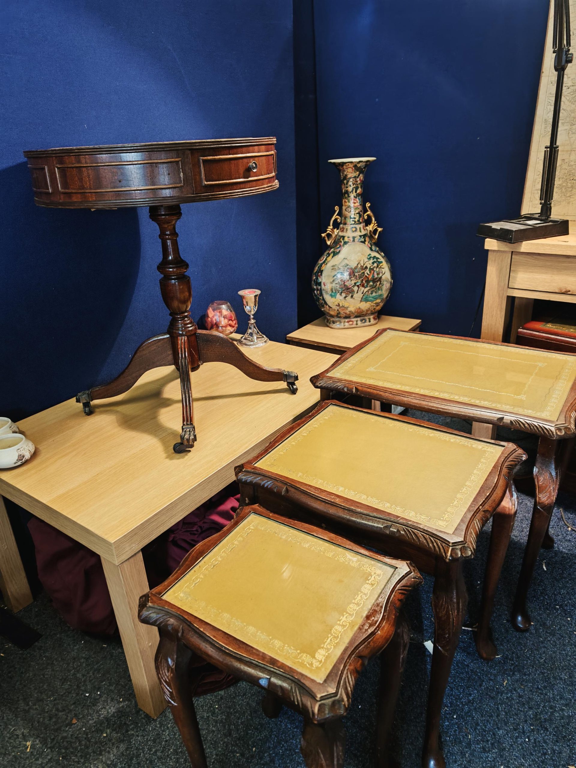 Vintage Mahogany 2-Drawer Drum Table and Interlocking Nest of Three Tables with Leather Inserts and Glass Tops