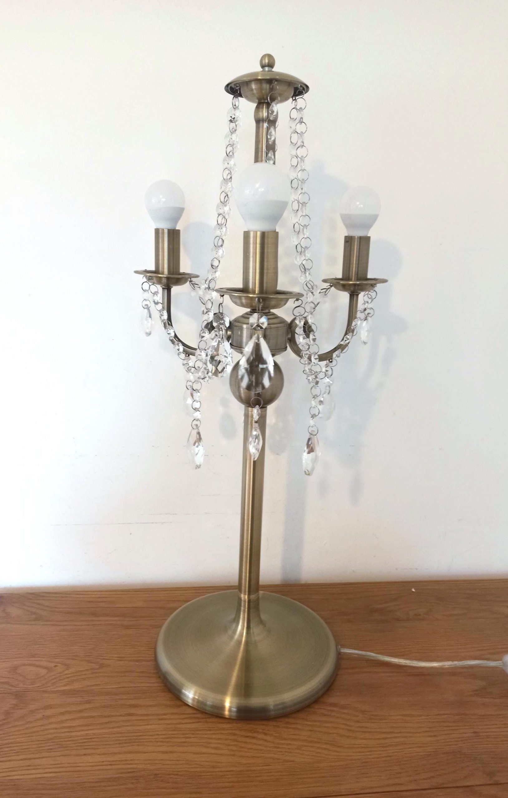 Polished Brass Table Lamp. Chandelier Style. Glass Bead Droplets.