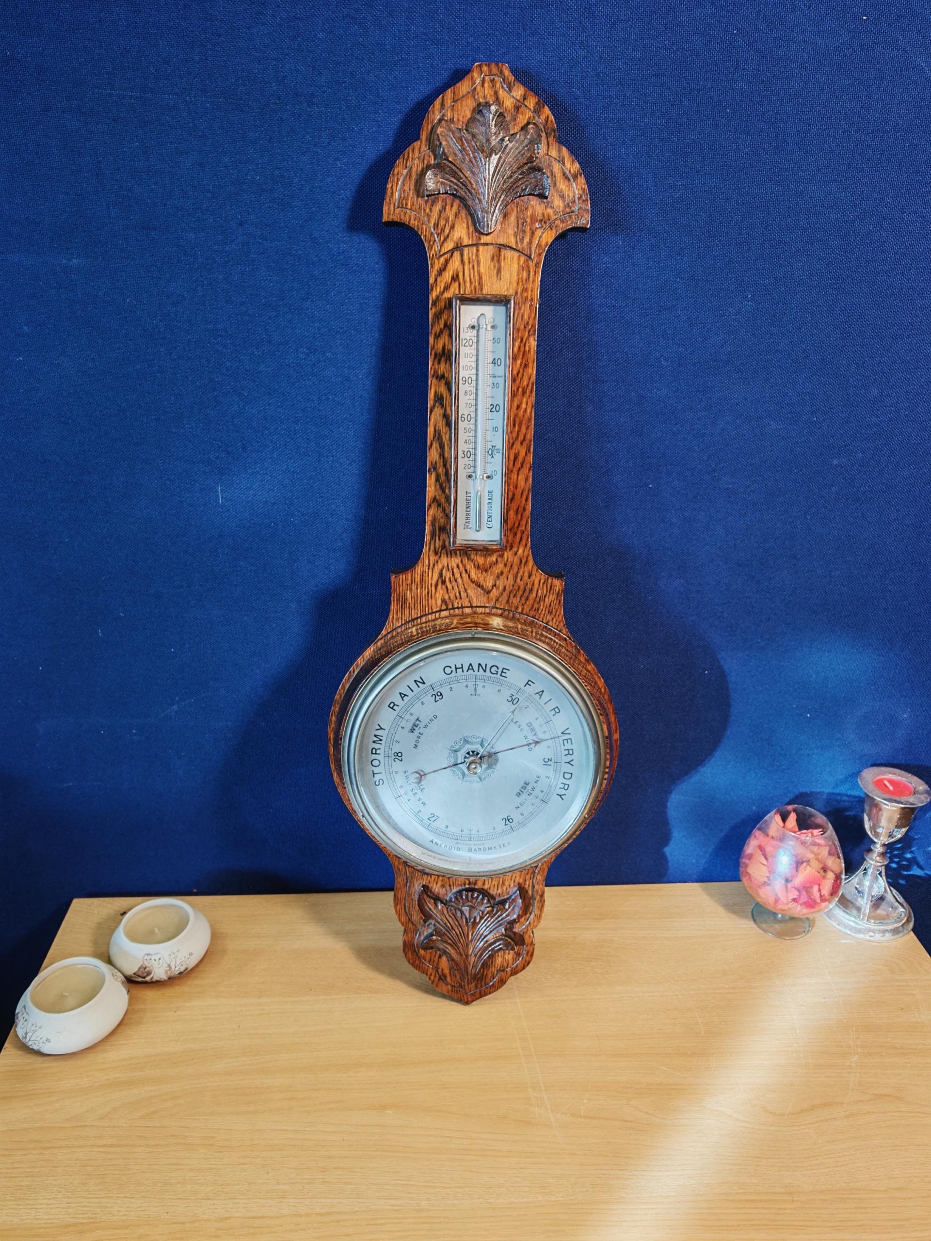 Antique Large Oak Aneroid Wall Barometer, Working. Early-mid 20th Century - Heavy - Very Good Condition