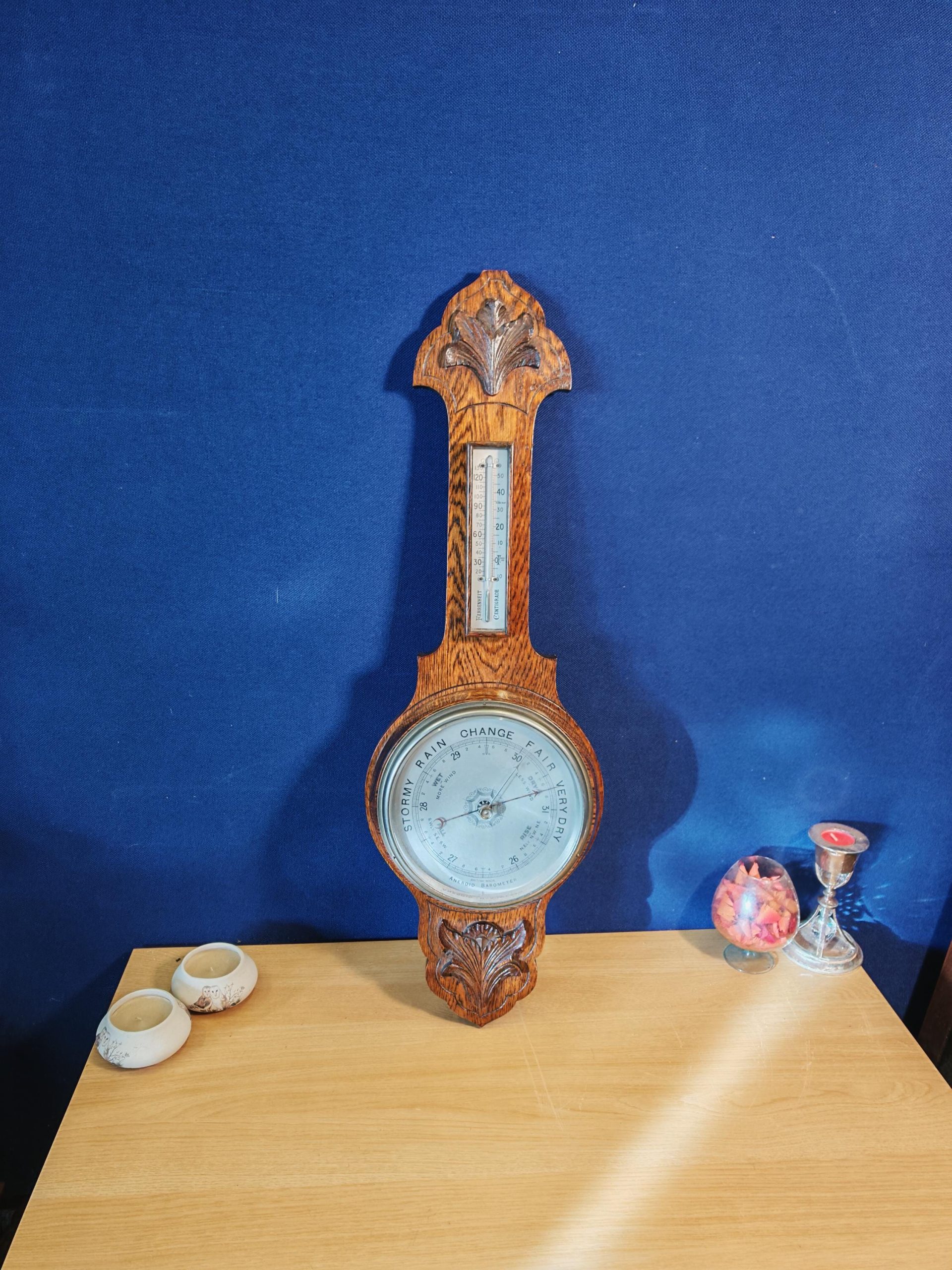 Antique Large Oak Aneroid Wall Barometer, Working. Early-mid 20th Century - Heavy - Very Good Condition - Image 2