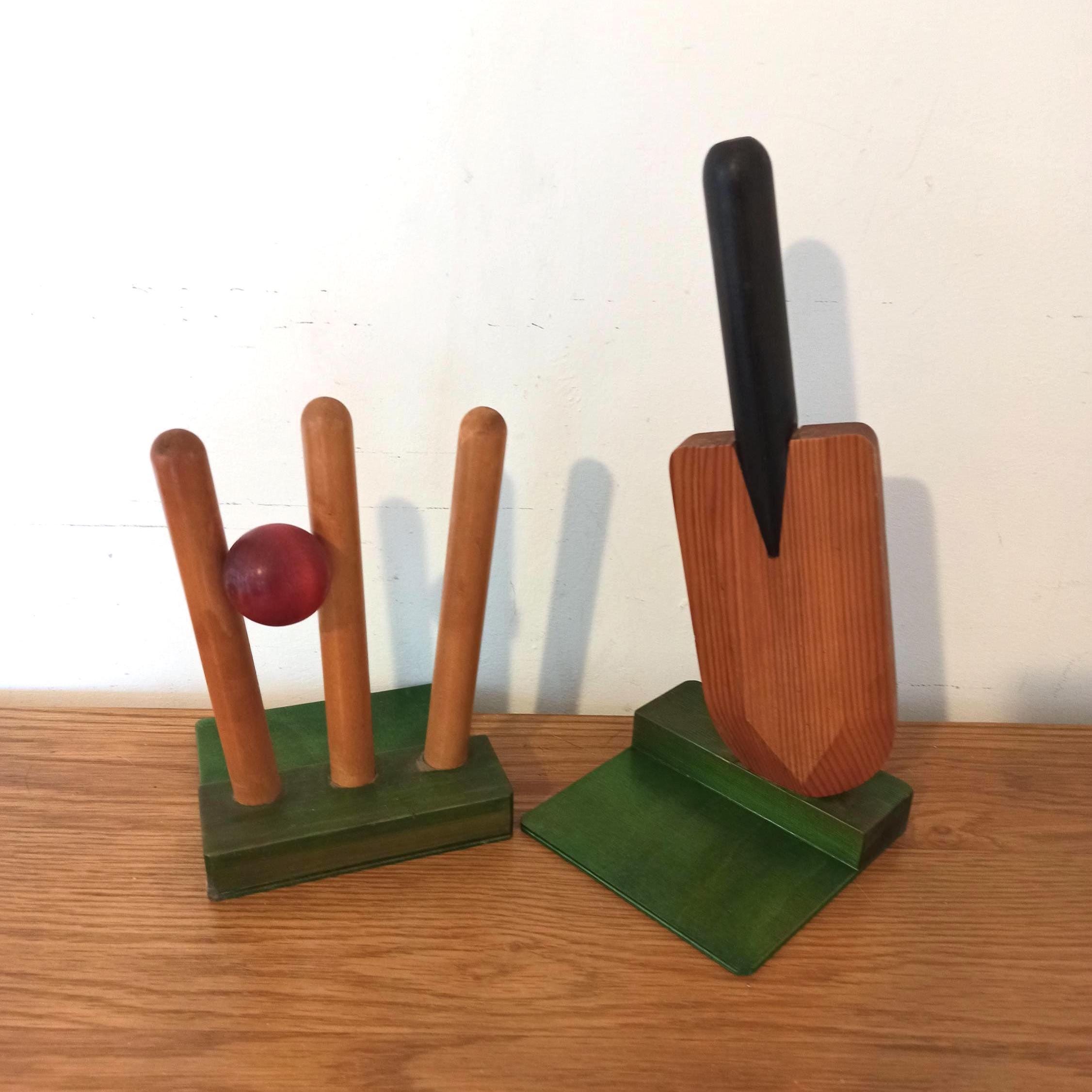 Vintage Wooden Bookends. Wayne Dove Design. Cricket Theme.