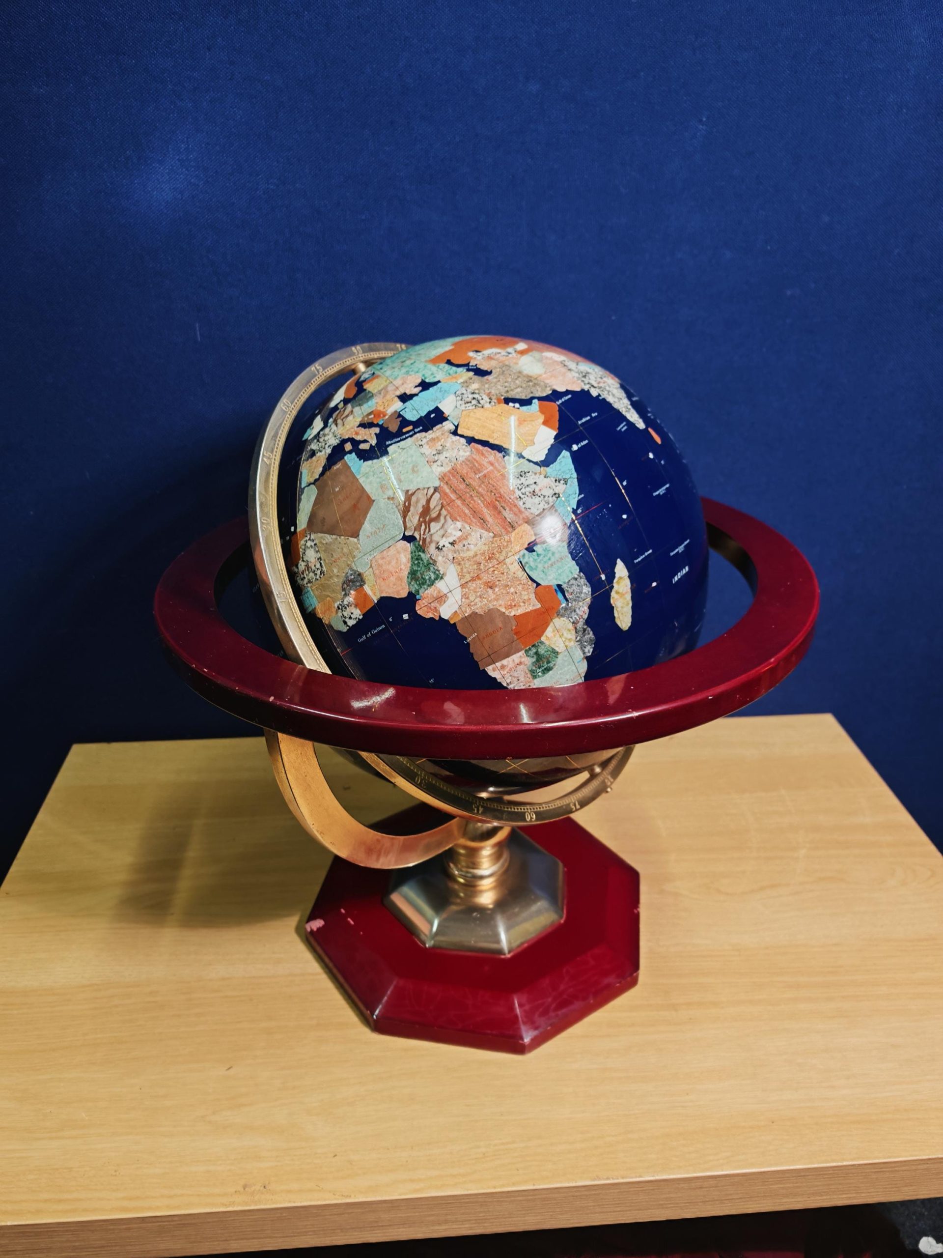 Vintage World Globe with Mineral and Semi-Precious Stone Inlay - Good Condition - 44cm Diameter, 50cm Tall