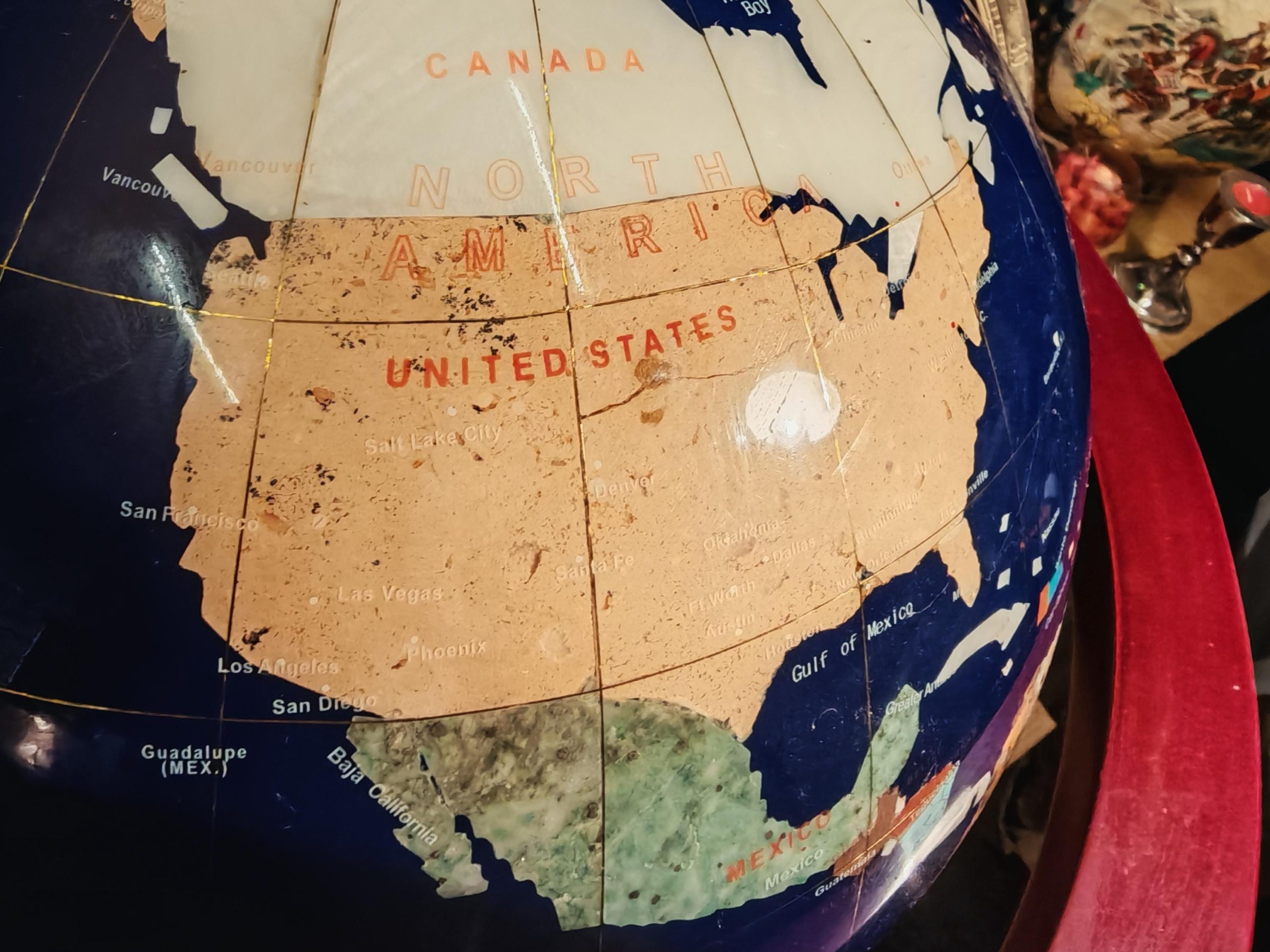 Vintage World Globe with Mineral and Semi-Precious Stone Inlay - Good Condition - 44cm Diameter, 50cm Tall - Image 4