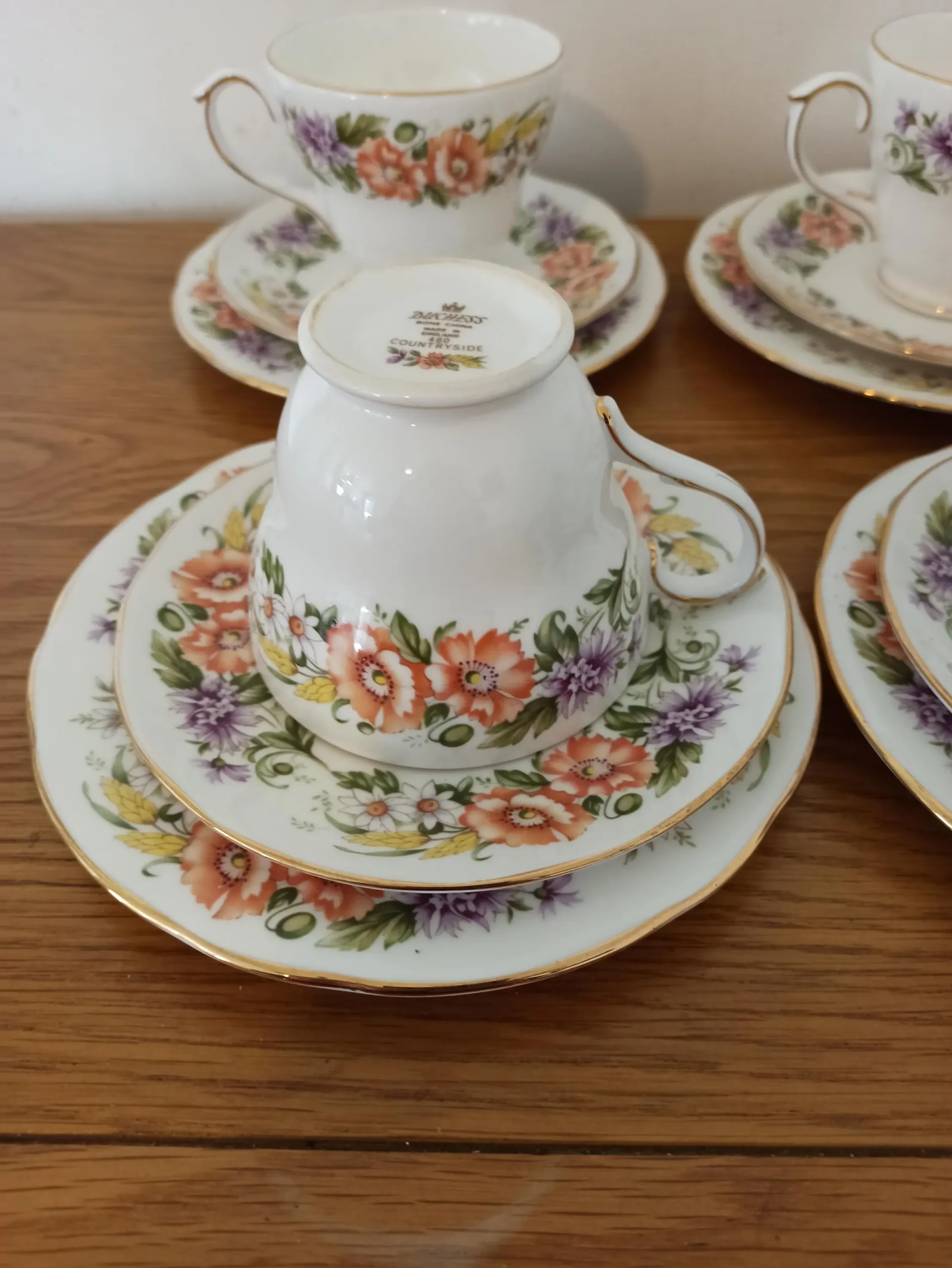 Vintage Duchess Tea Cups, Saucers and Side Plate x 6. 'Countryside' Floral Design. - Image 3
