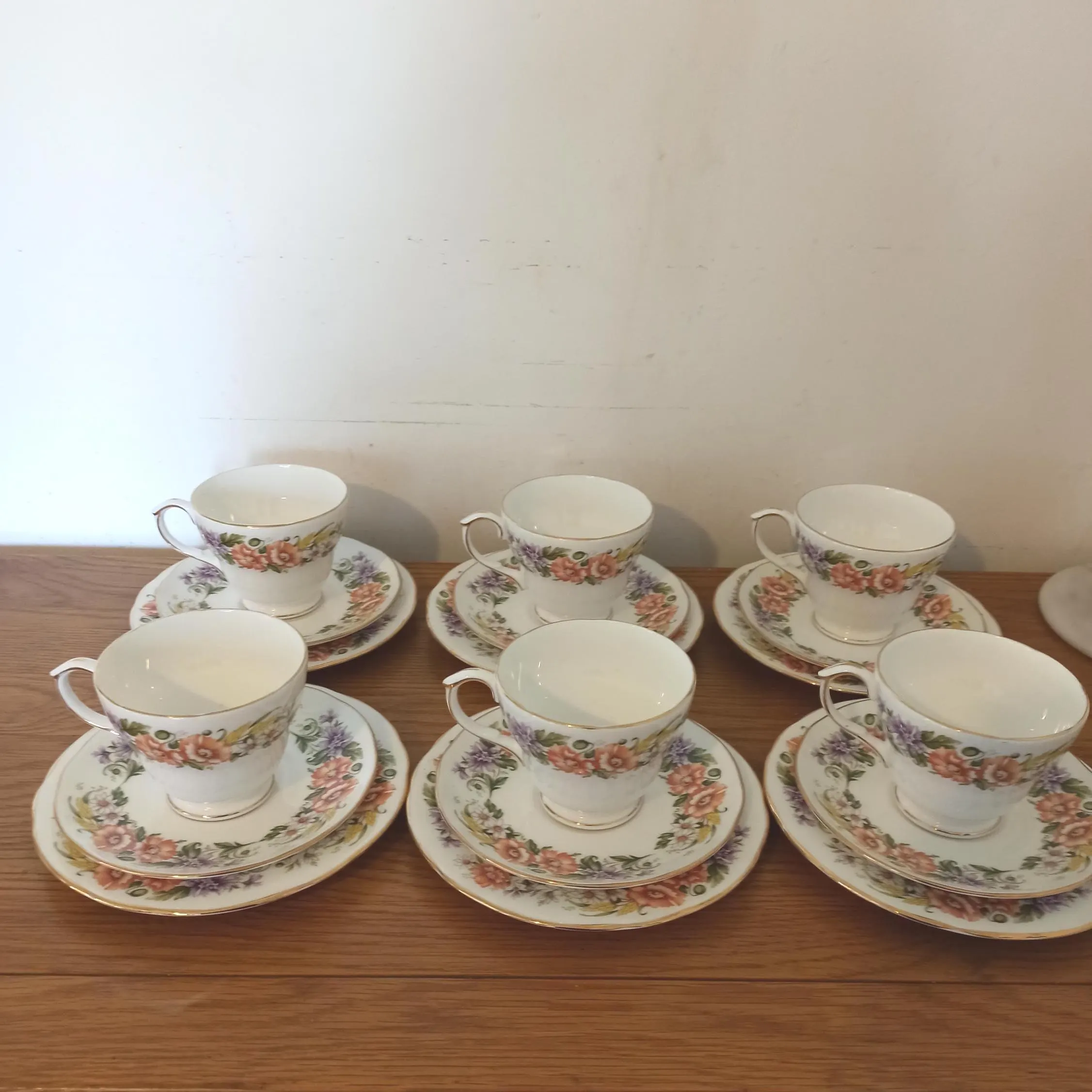 Vintage Duchess Tea Cups, Saucers and Side Plate x 6. 'Countryside' Floral Design.
