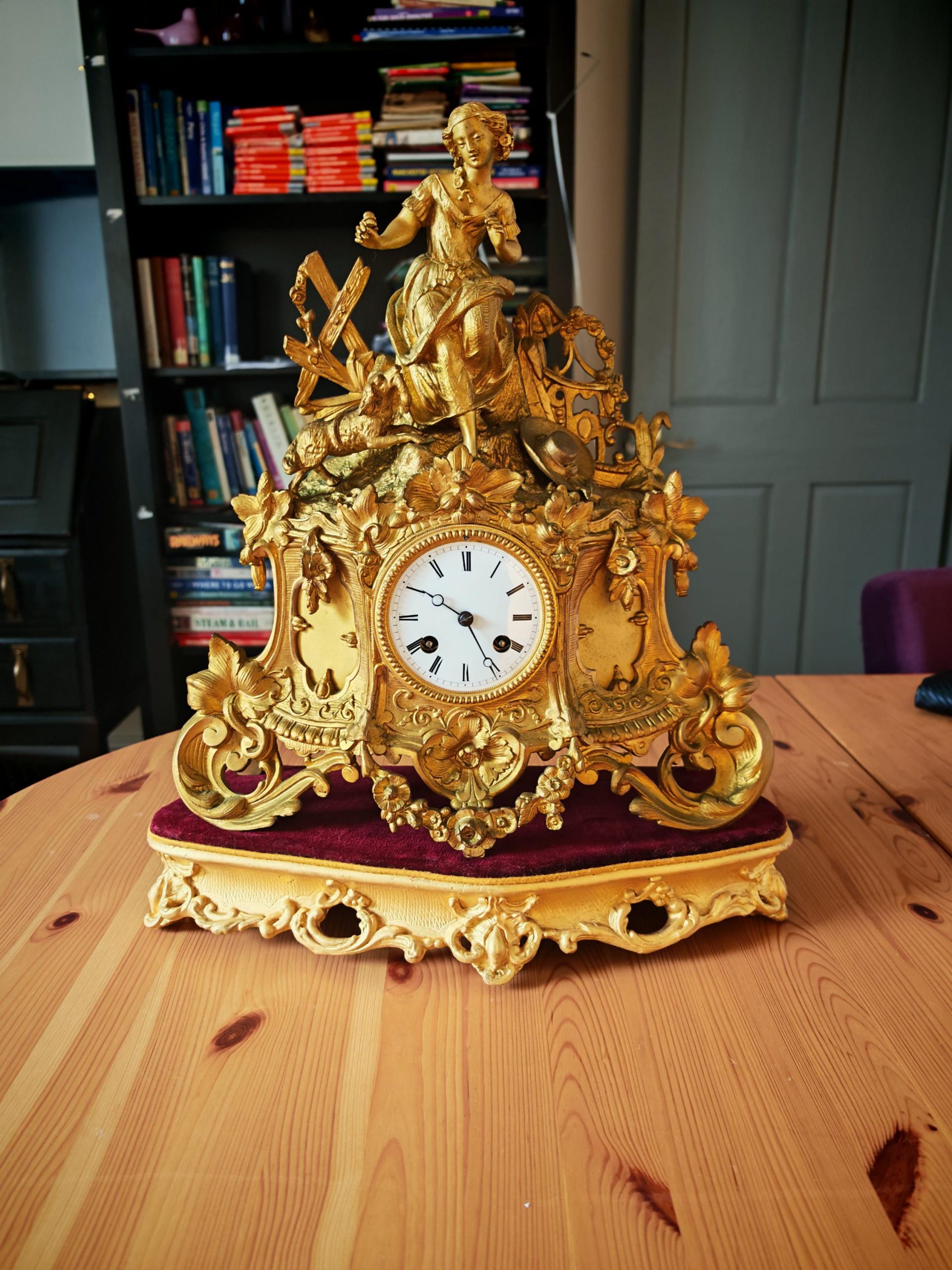 Antique 19th Century Gilt Ormolu Pendulum Clock with Gilded and Burgundy Velvet Base. Restored. - Image 2