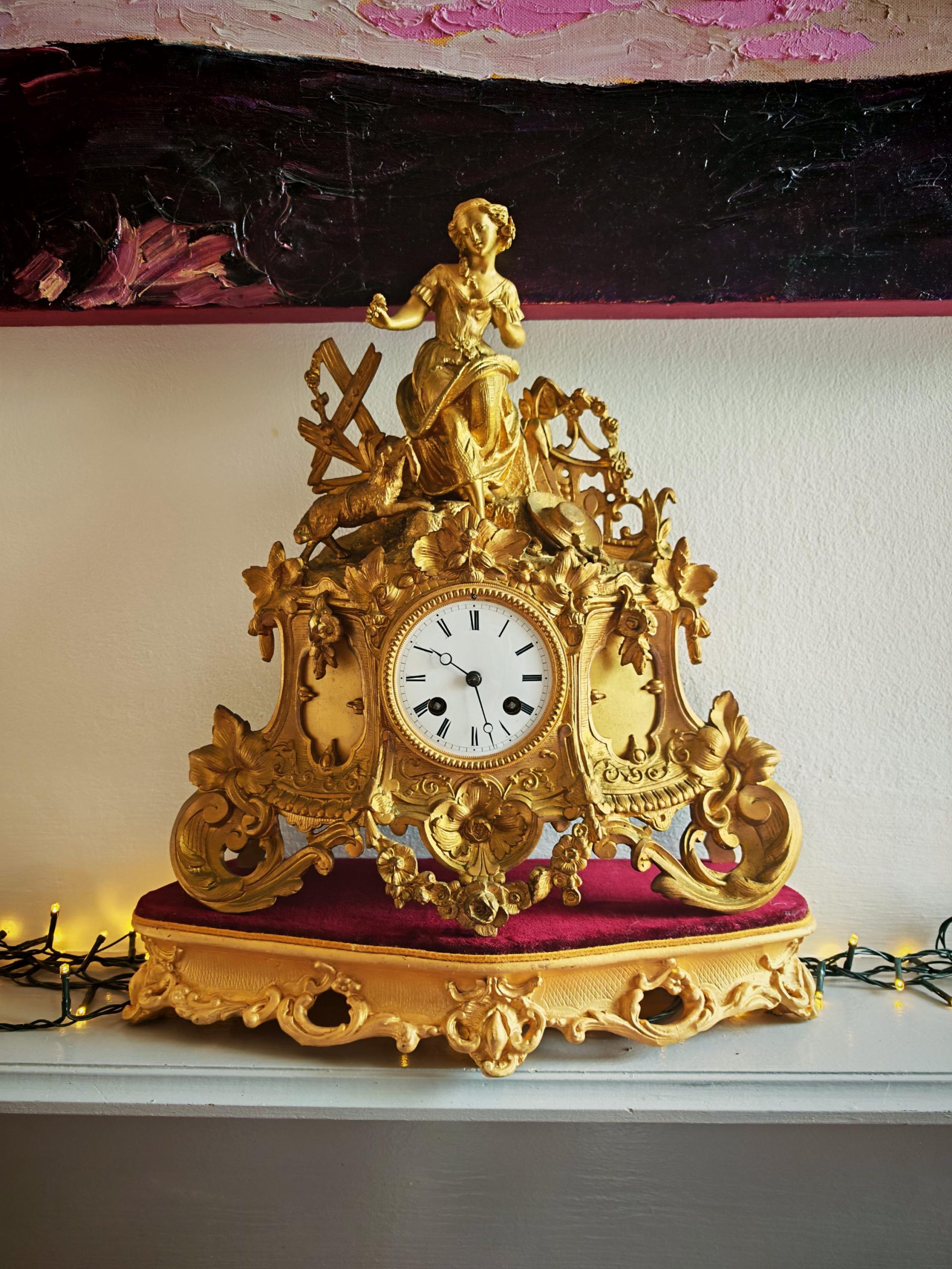 Antique 19th Century Gilt Ormolu Pendulum Clock with Gilded and Burgundy Velvet Base. Restored.